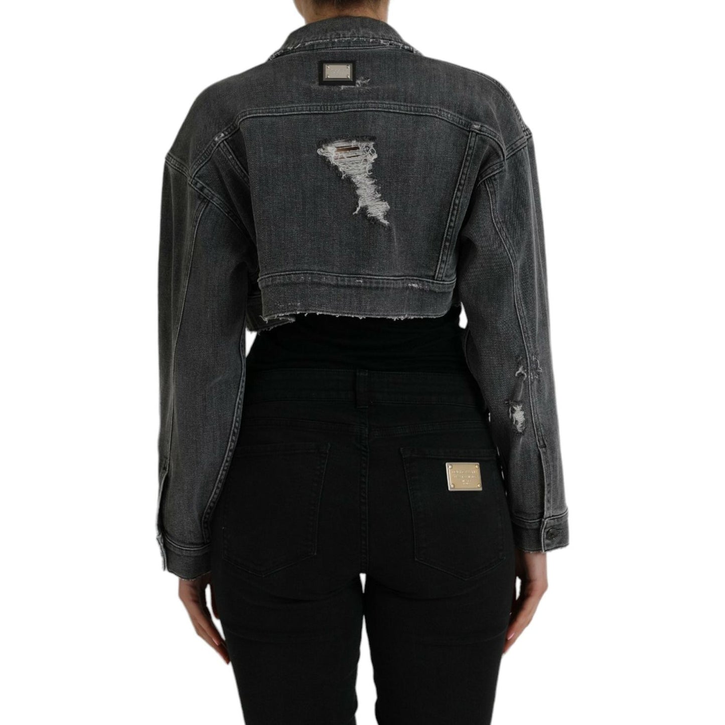 Dolce & Gabbana Dark Gray Cotton Stretch Cropped Denim Jacket Dolce & Gabbana Black