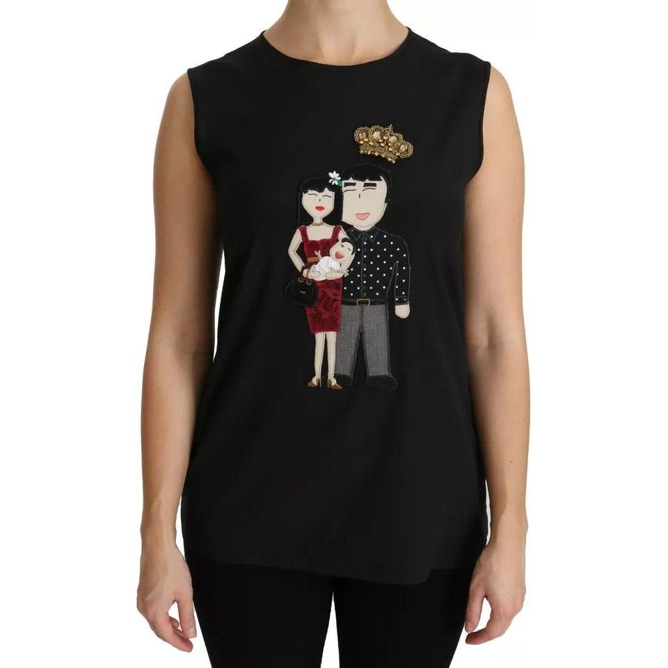 Dolce & Gabbana Black Silk DG Family Crystal Sleeveless Top Dolce & Gabbana Black
