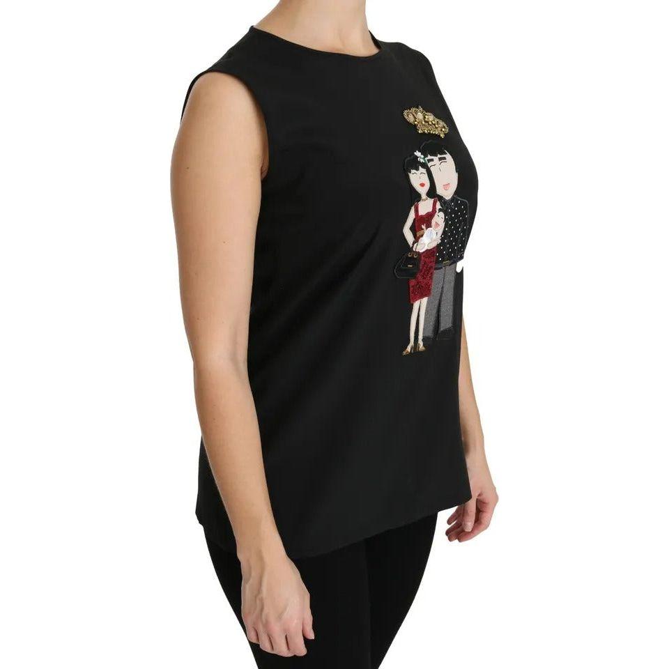 Dolce & Gabbana Black Silk DG Family Crystal Sleeveless Top Dolce & Gabbana Black