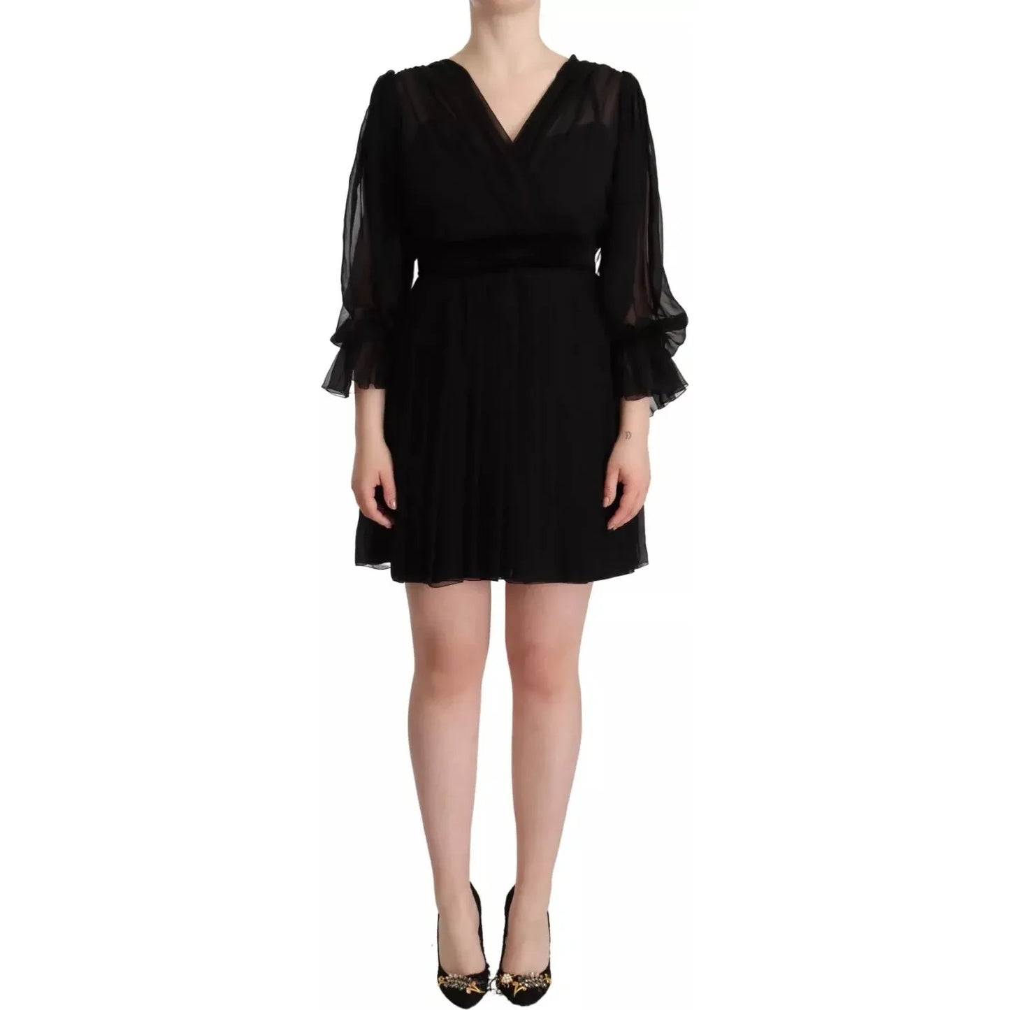Dolce & Gabbana Black V-neck Long Sleeves Mini A-line Dress Dolce & Gabbana Rosy Brown
