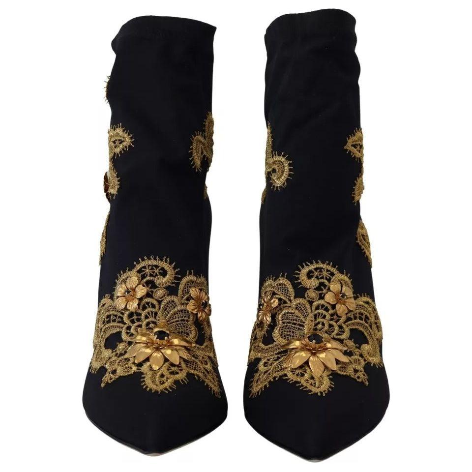 Dolce & Gabbana Black Gold Embroidery Slip On Boots Shoes Dolce & Gabbana Black