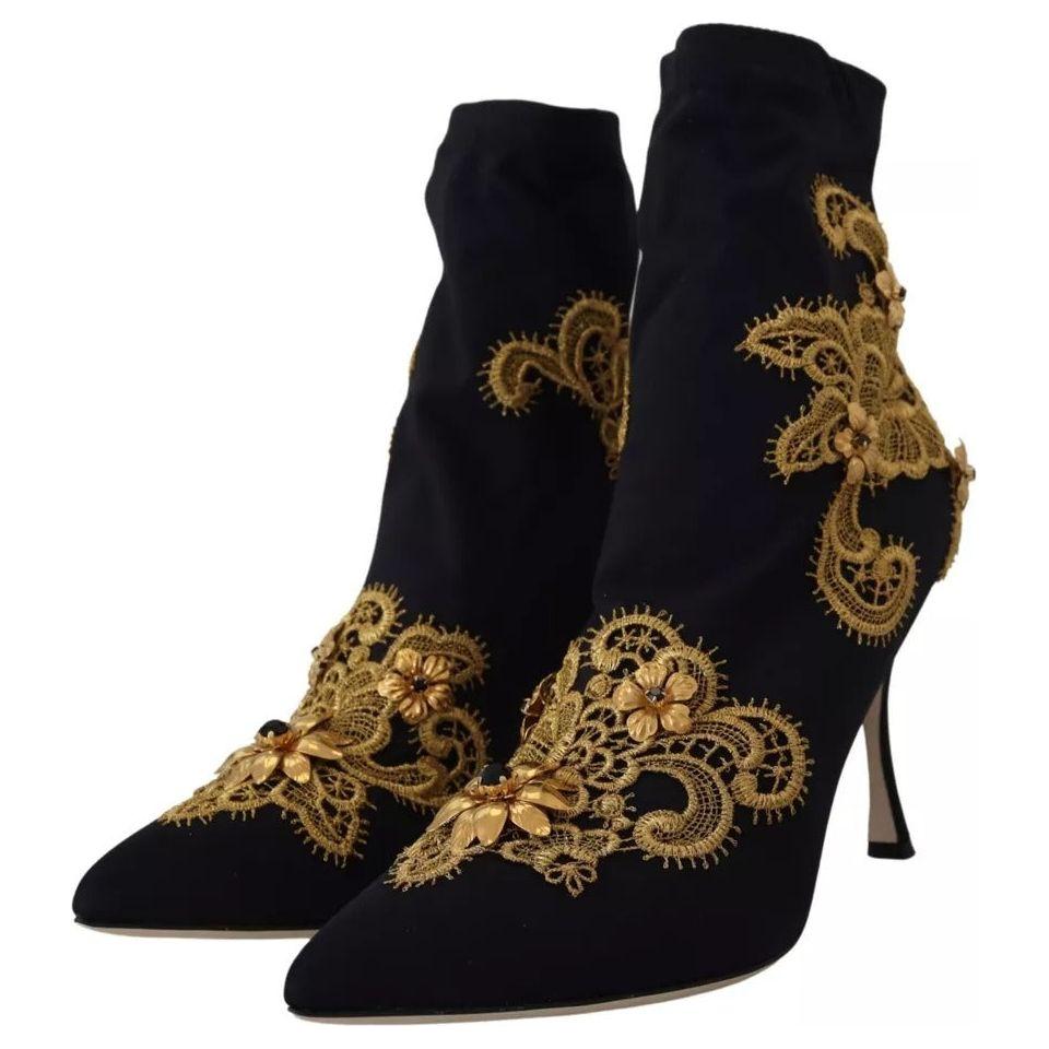 Dolce & Gabbana Black Gold Embroidery Slip On Boots Shoes Dolce & Gabbana Black