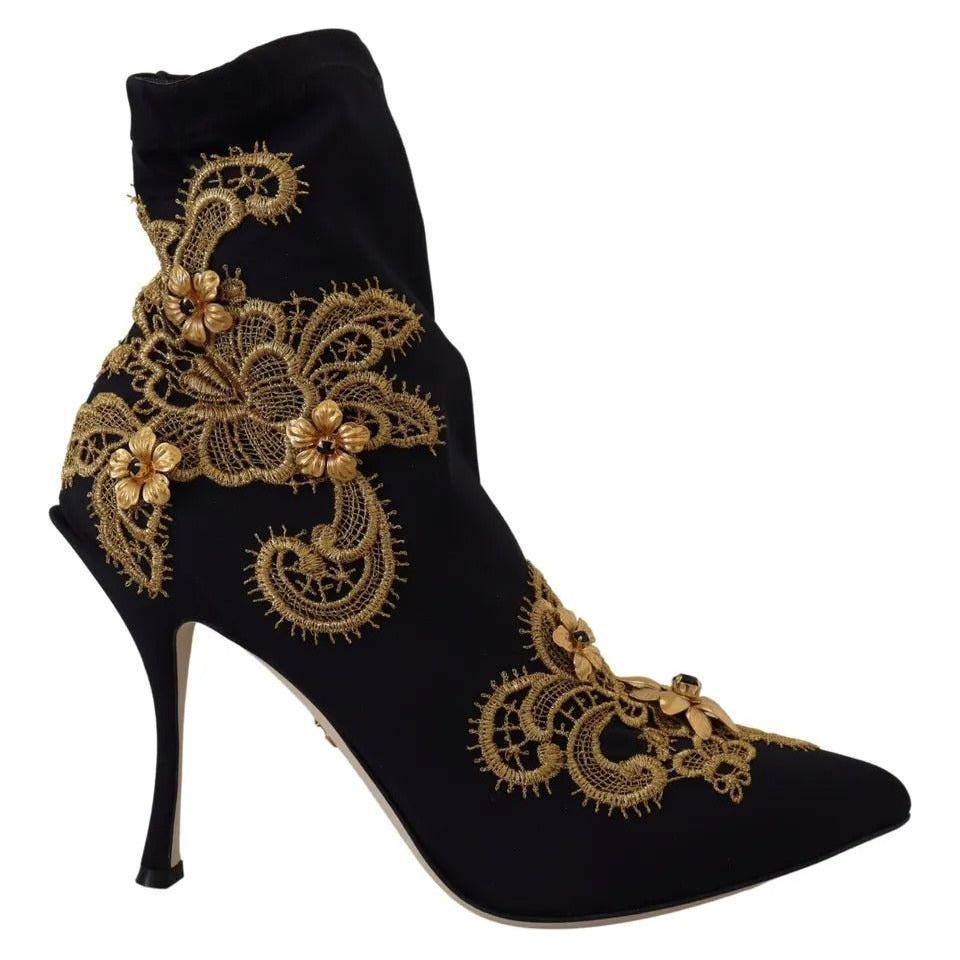 Dolce & Gabbana Black Gold Embroidery Slip On Boots Shoes Dolce & Gabbana Rosy Brown