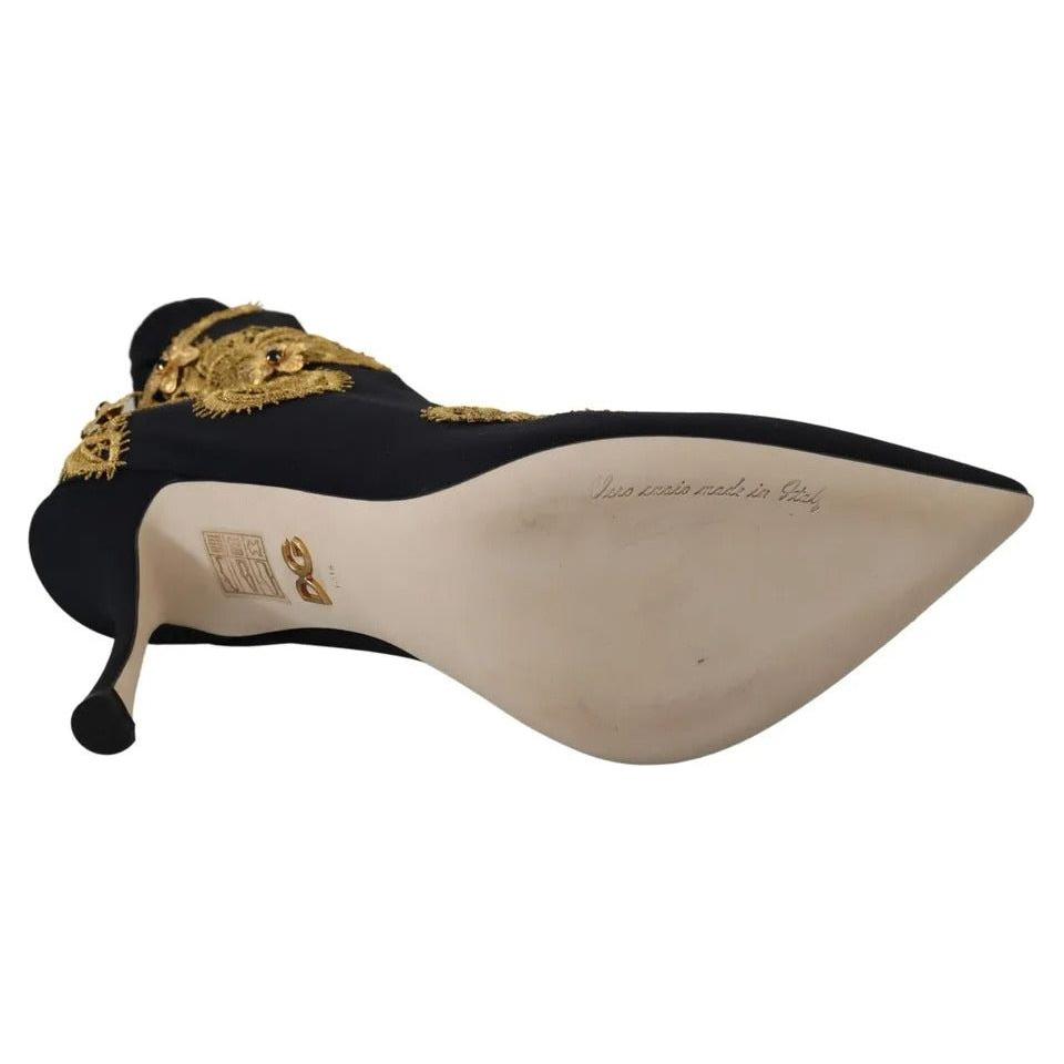 Dolce & Gabbana Black Gold Embroidery Slip On Boots Shoes Dolce & Gabbana Rosy Brown