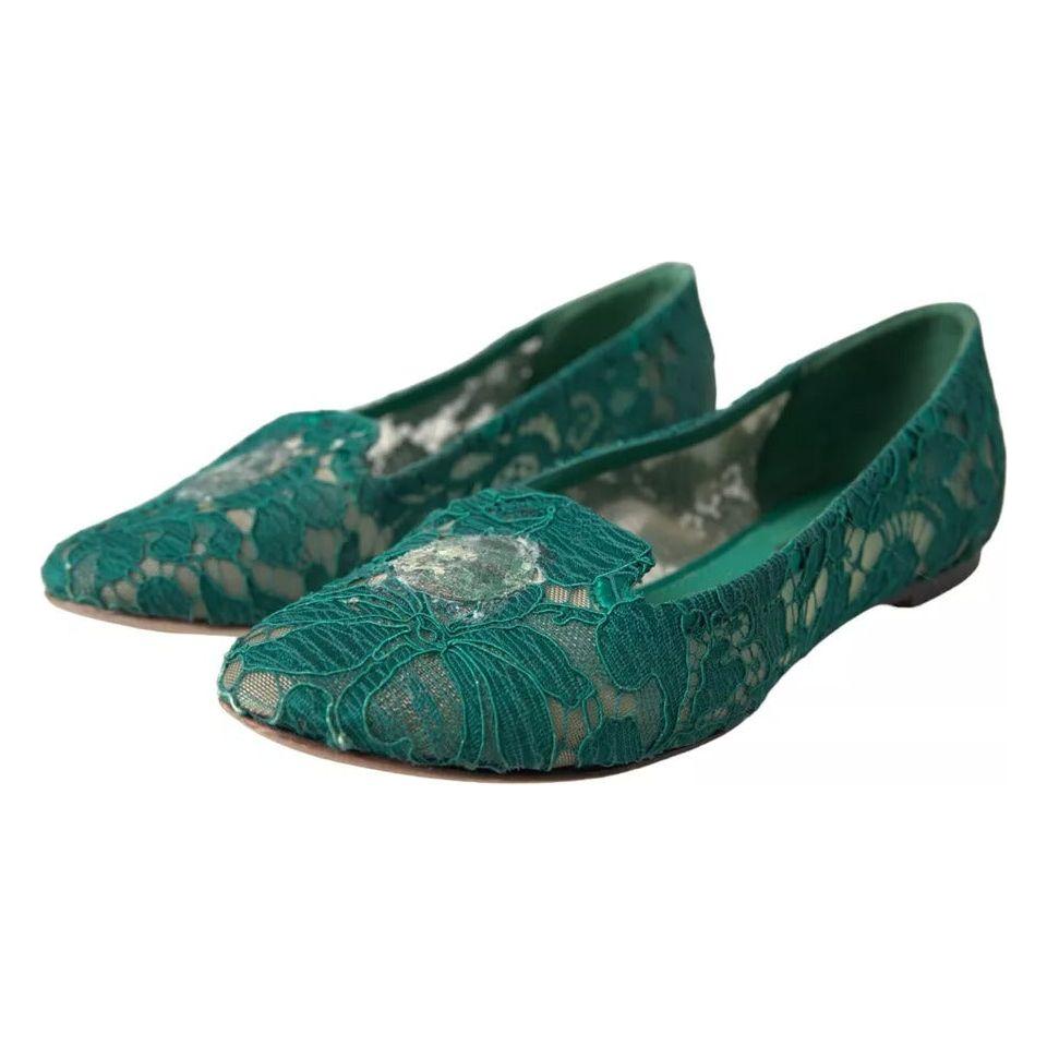 Dolce & Gabbana Green Taormina Lace Slip On Flats Shoes Dolce & Gabbana Dark Slate Gray
