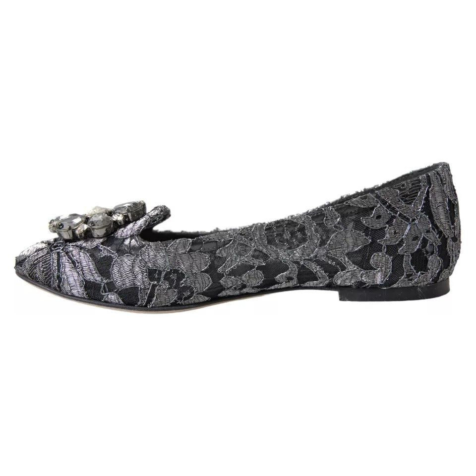 Dolce & Gabbana Gray Black Lace Crystal Ballet Loafers Shoes Dolce & Gabbana Dark Slate Gray