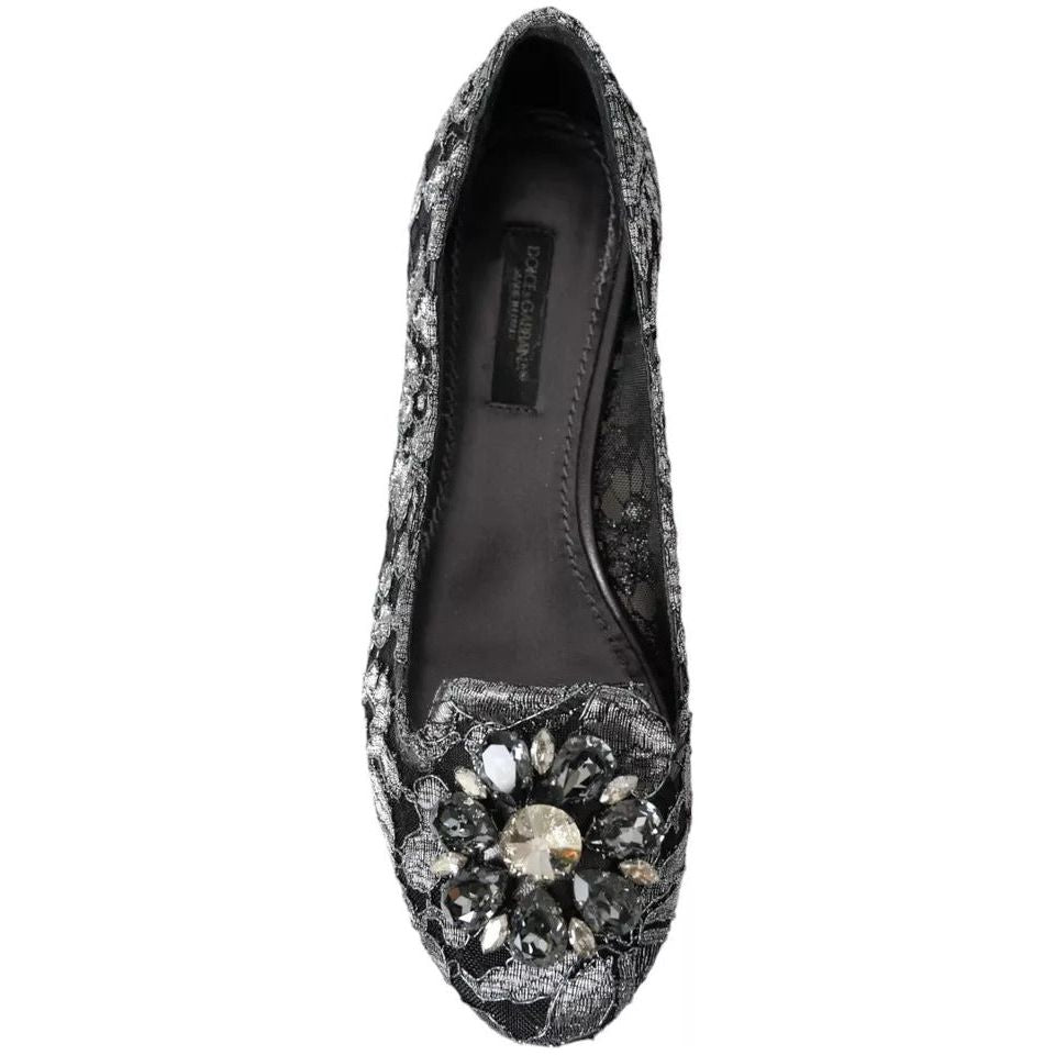 Dolce & Gabbana Gray Black Lace Crystal Ballet Loafers Shoes Dolce & Gabbana Dark Slate Gray