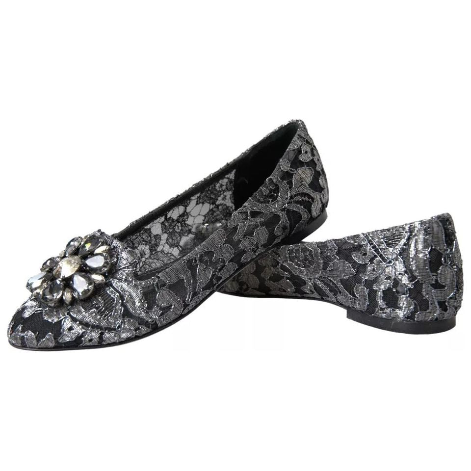 Dolce & Gabbana Gray Black Lace Crystal Ballet Loafers Shoes Dolce & Gabbana Dark Slate Gray