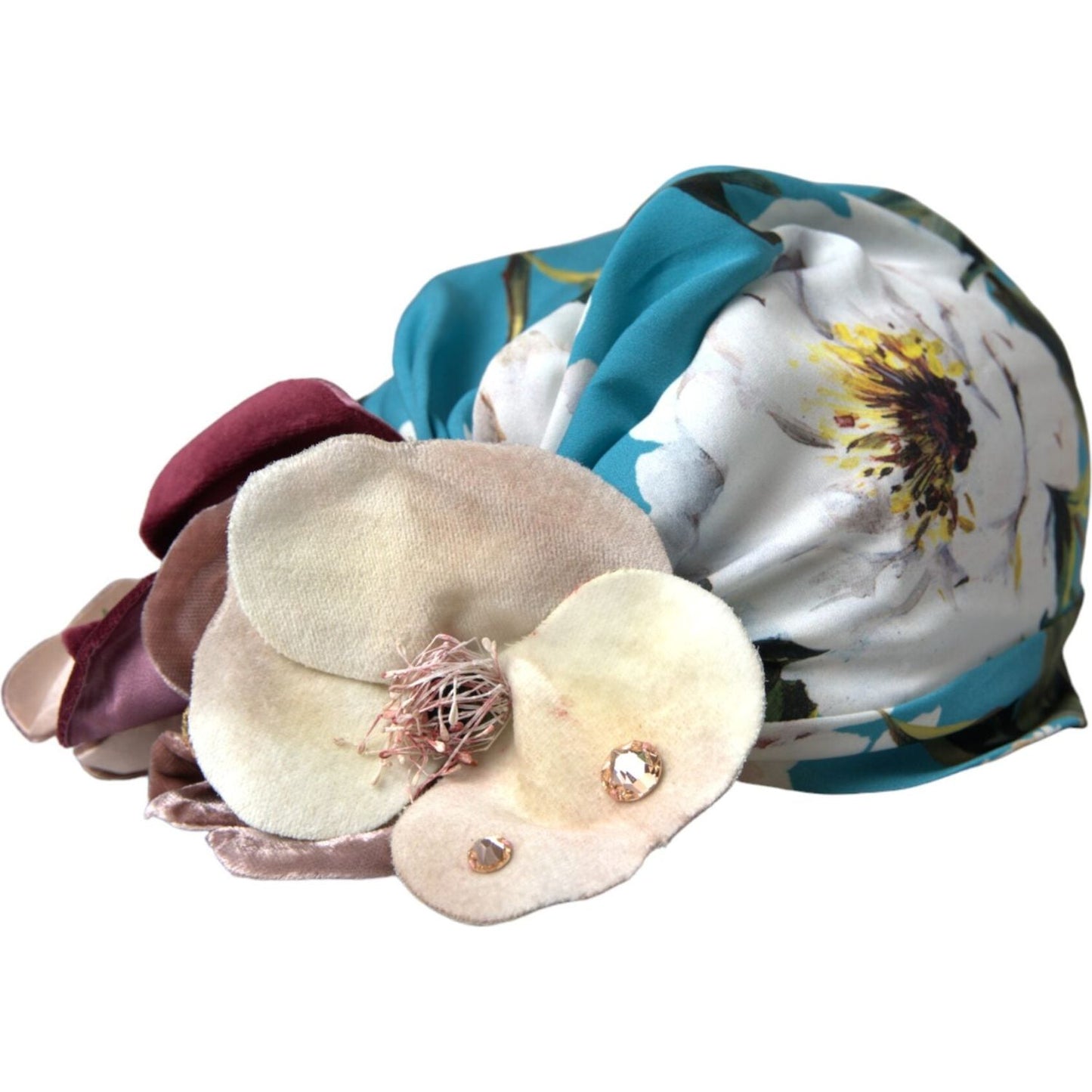 Dolce & Gabbana blue floral motif turban head hat for women, made of 94% silk and 6% elastane, with decorative flowers.