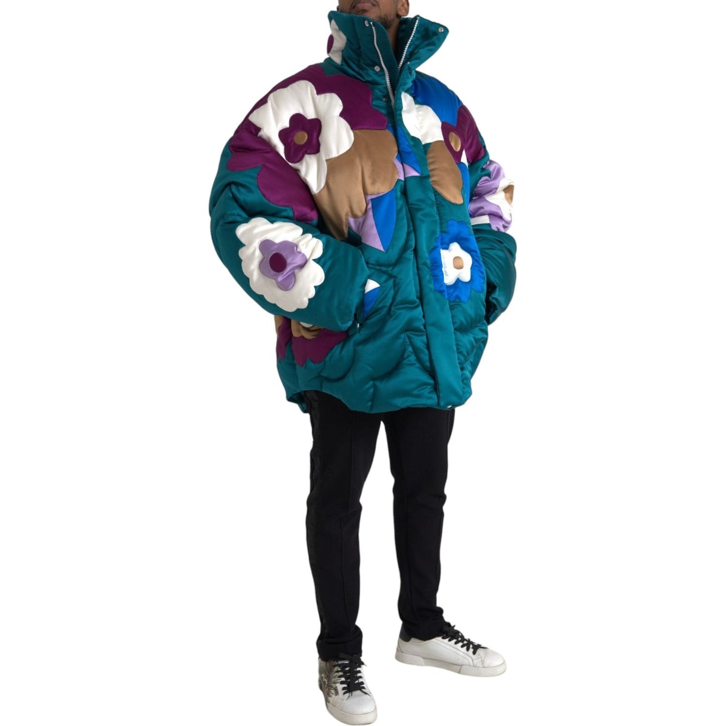 Dolce & Gabbana Multicolor Floral Windbreaker Puffer Jacket Dolce & Gabbana Gray