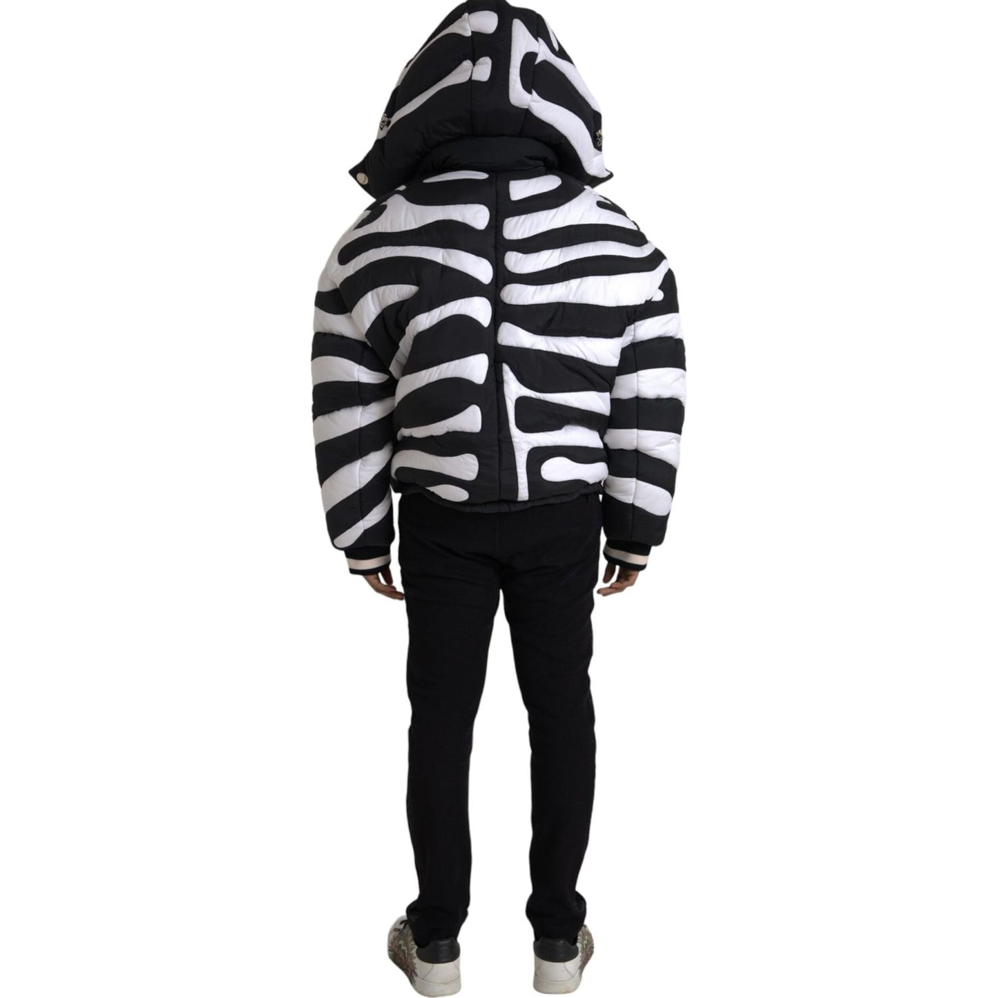 Dolce & Gabbana Black White Stripes Hooded Puffer Jacket Dolce & Gabbana Light Gray