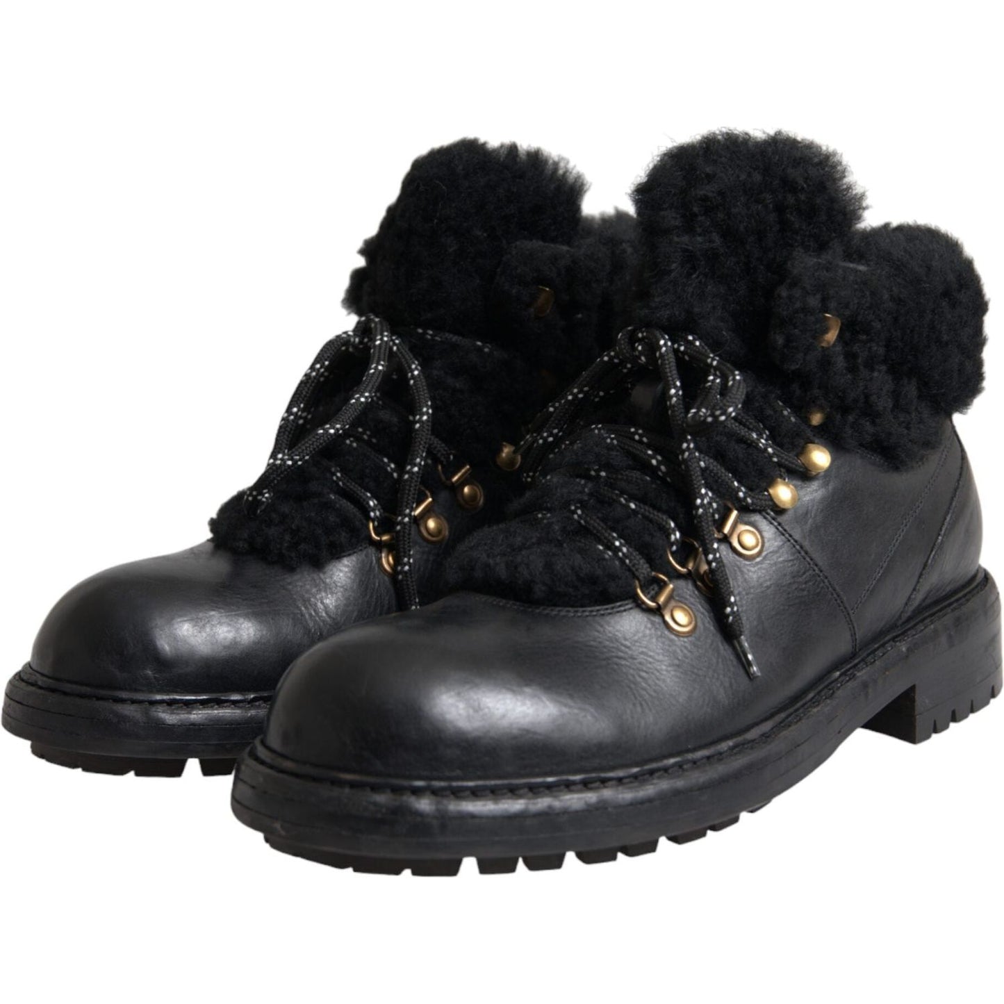 Dolce & Gabbana Black Leather Bernini Shearling Boots Shoes Dolce & Gabbana Black