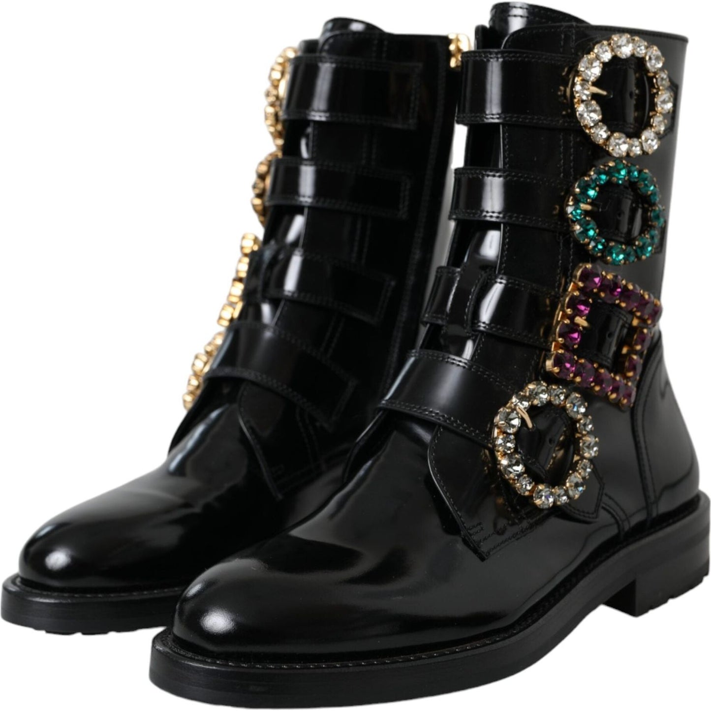 Dolce & Gabbana Black Leather Crystal Buckles Boots Shoes Dolce & Gabbana Black