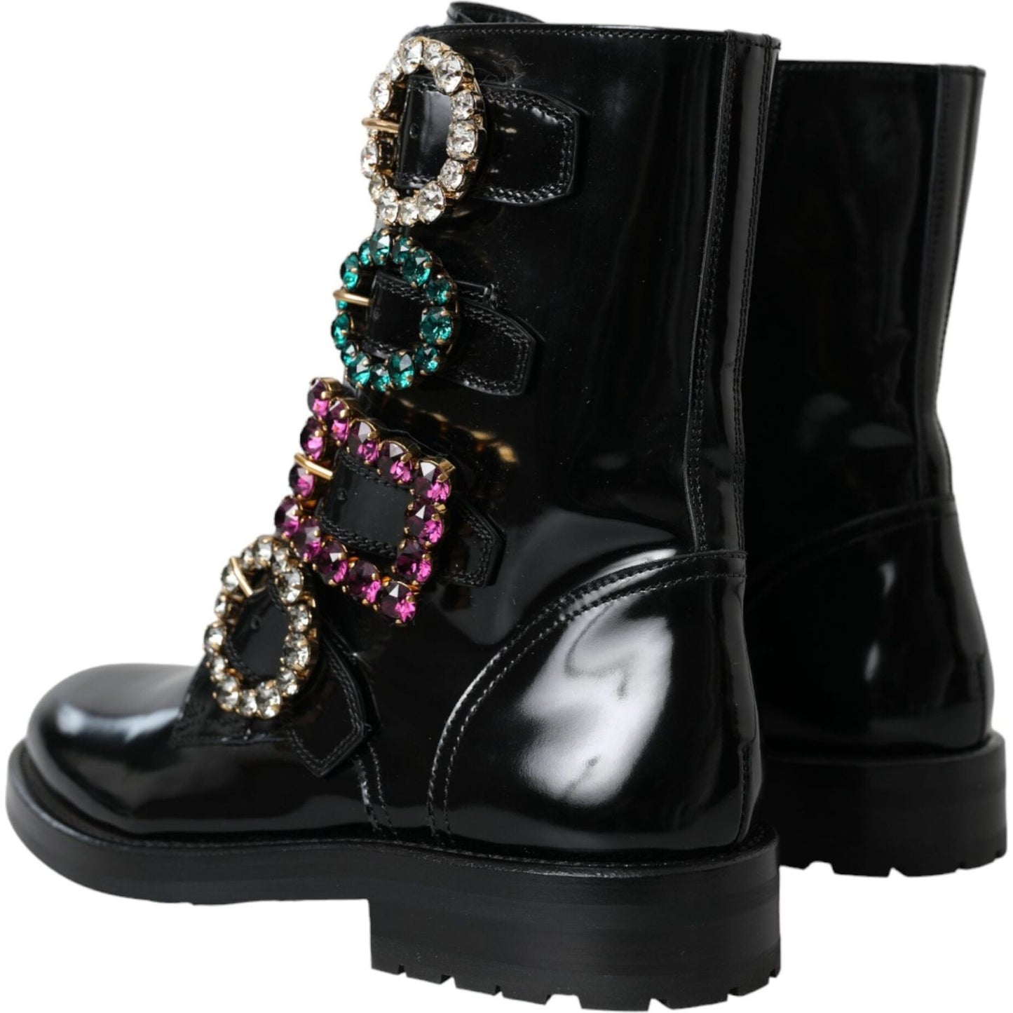 Dolce & Gabbana Black Leather Crystal Buckles Boots Shoes Dolce & Gabbana Black