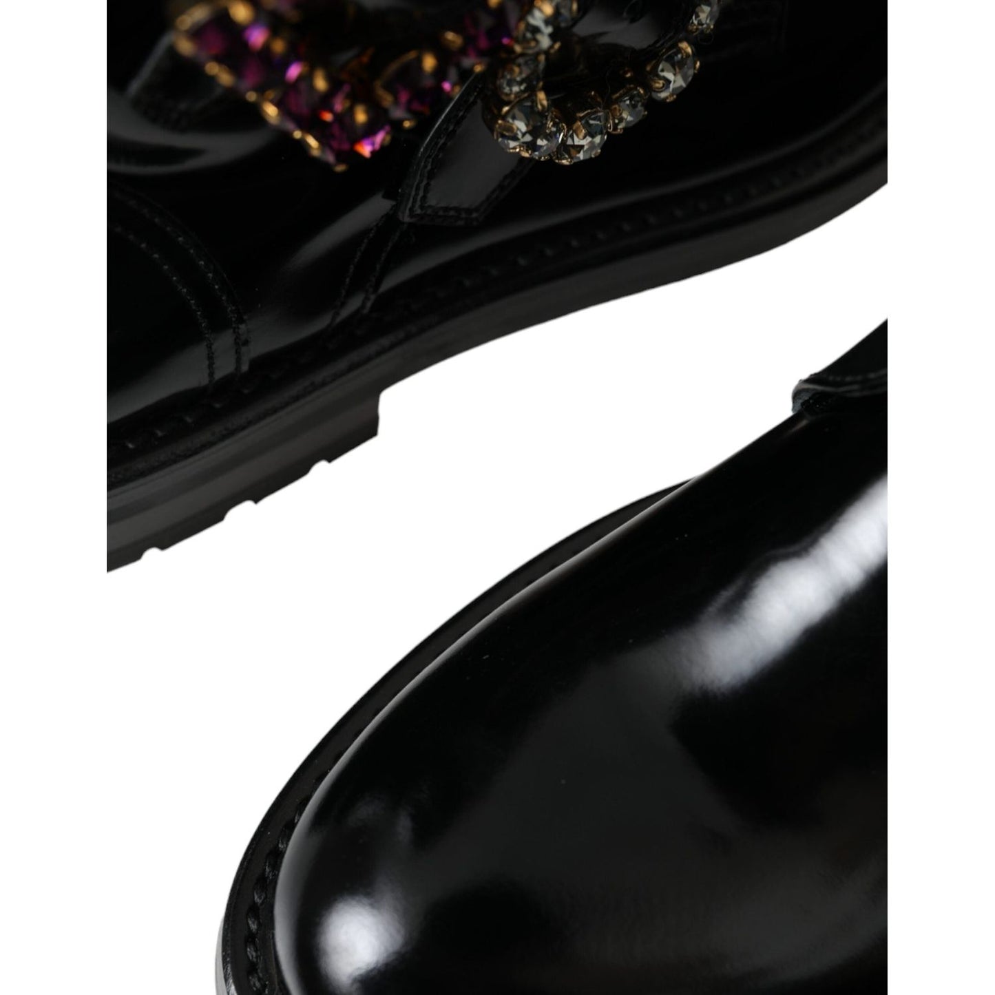 Dolce & Gabbana Black Leather Crystal Buckles Boots Shoes Dolce & Gabbana Black