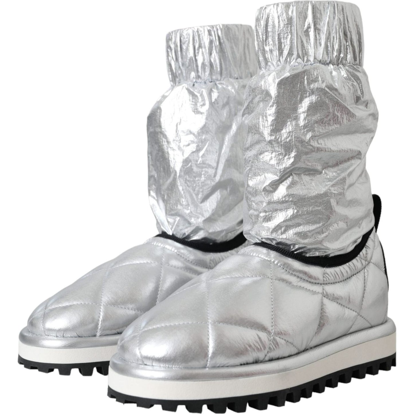 Dolce & Gabbana Metallic Silver Quilted Logo Patch Boot Shoes Dolce & Gabbana Gray