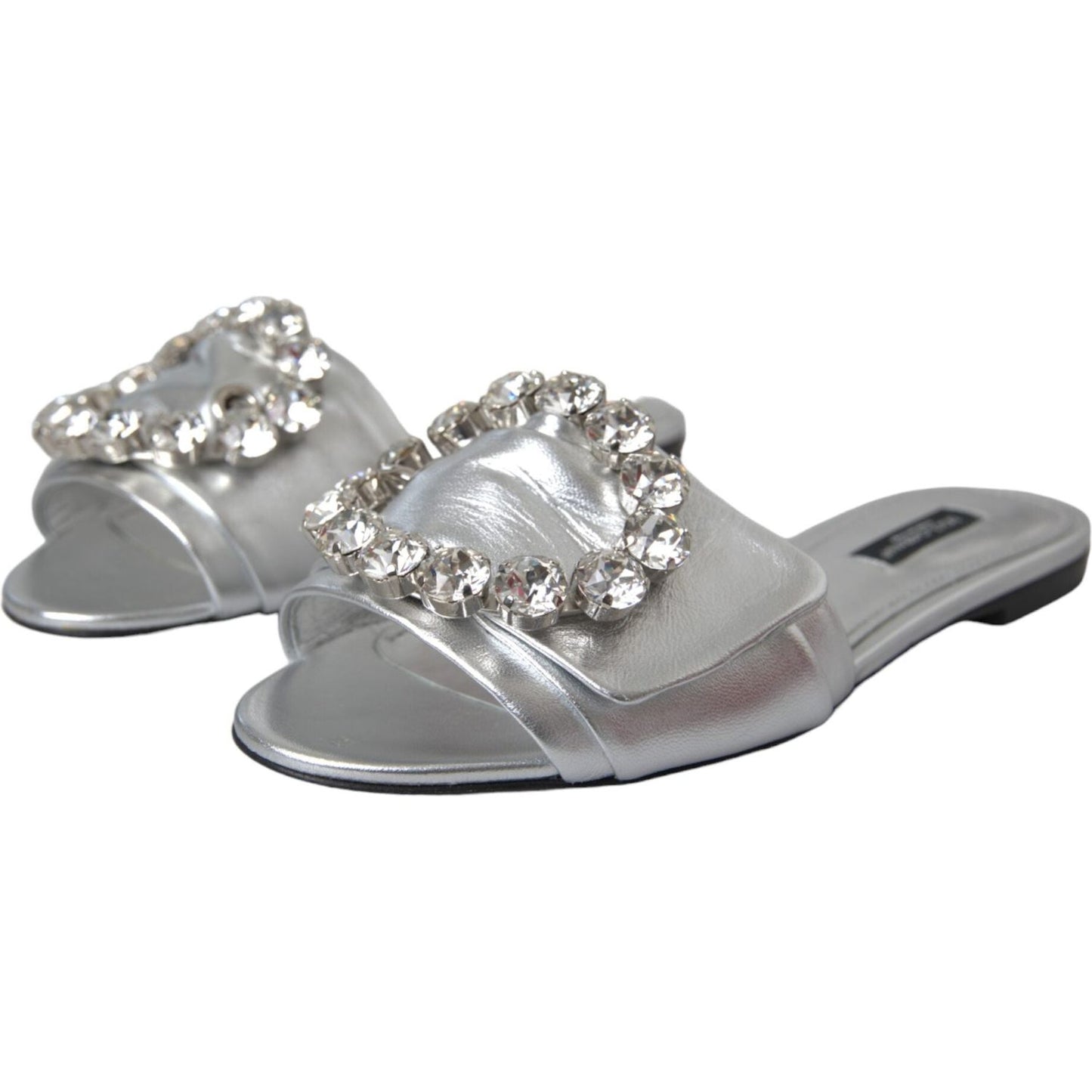 Dolce & Gabbana Silver Crystal Leather Flats Sandals Shoes Dolce & Gabbana Light Slate Gray
