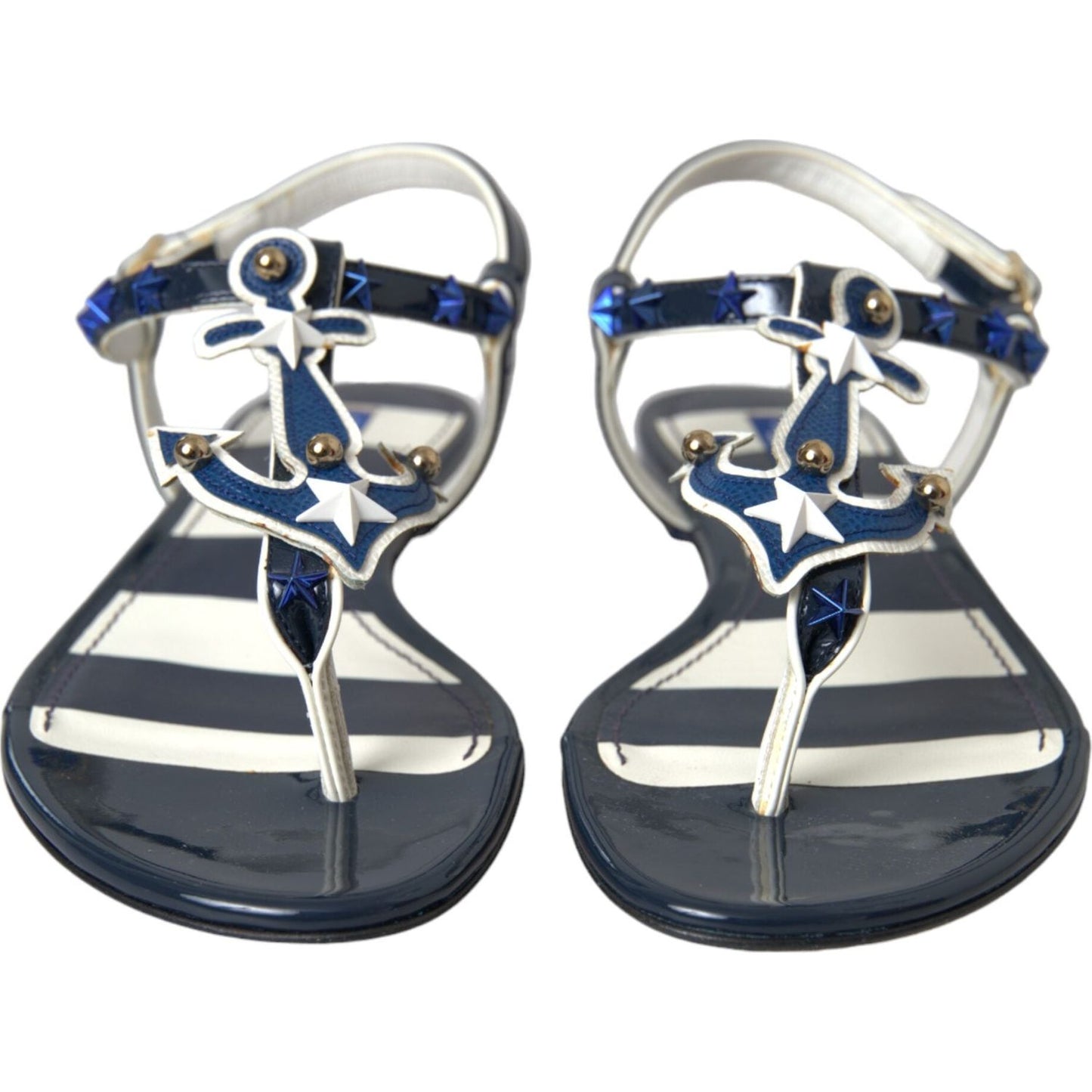 Dolce & Gabbana Blue Stripes Leather Studded Flats Sandals Shoes Dolce & Gabbana Dark Slate Gray