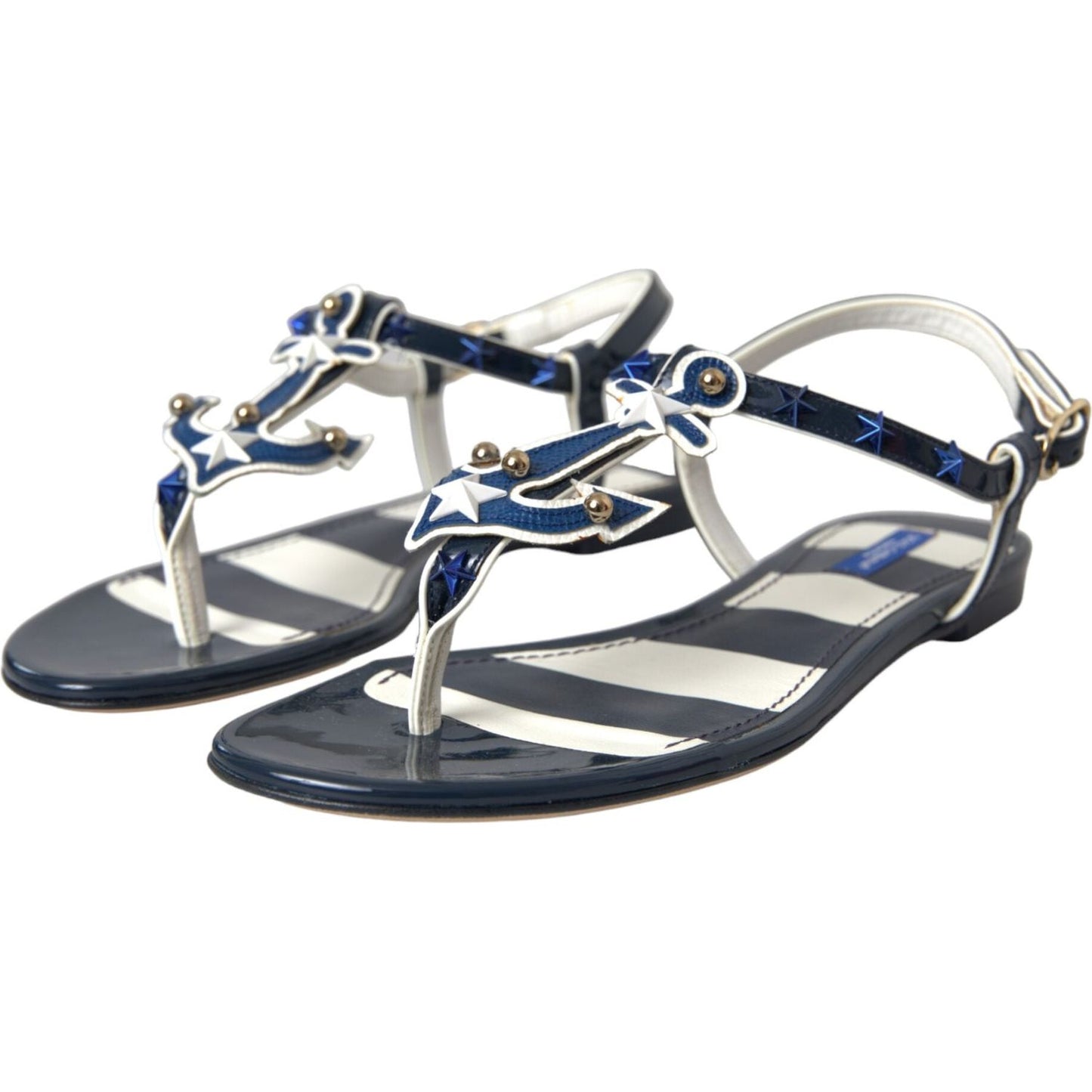 Dolce & Gabbana Blue Stripes Leather Studded Flats Sandals Shoes Dolce & Gabbana Dark Slate Gray