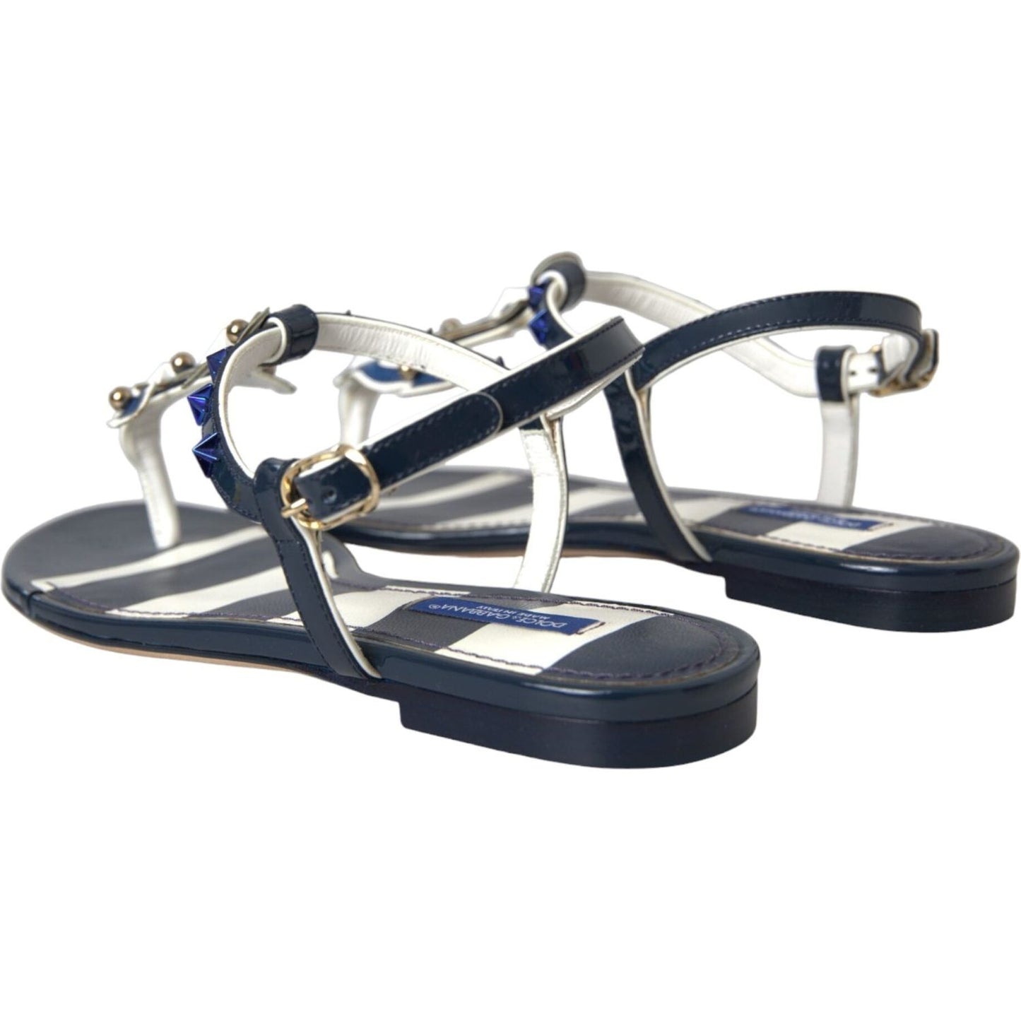 Dolce & Gabbana Blue Stripes Leather Studded Flats Sandals Shoes Dolce & Gabbana Dark Slate Gray