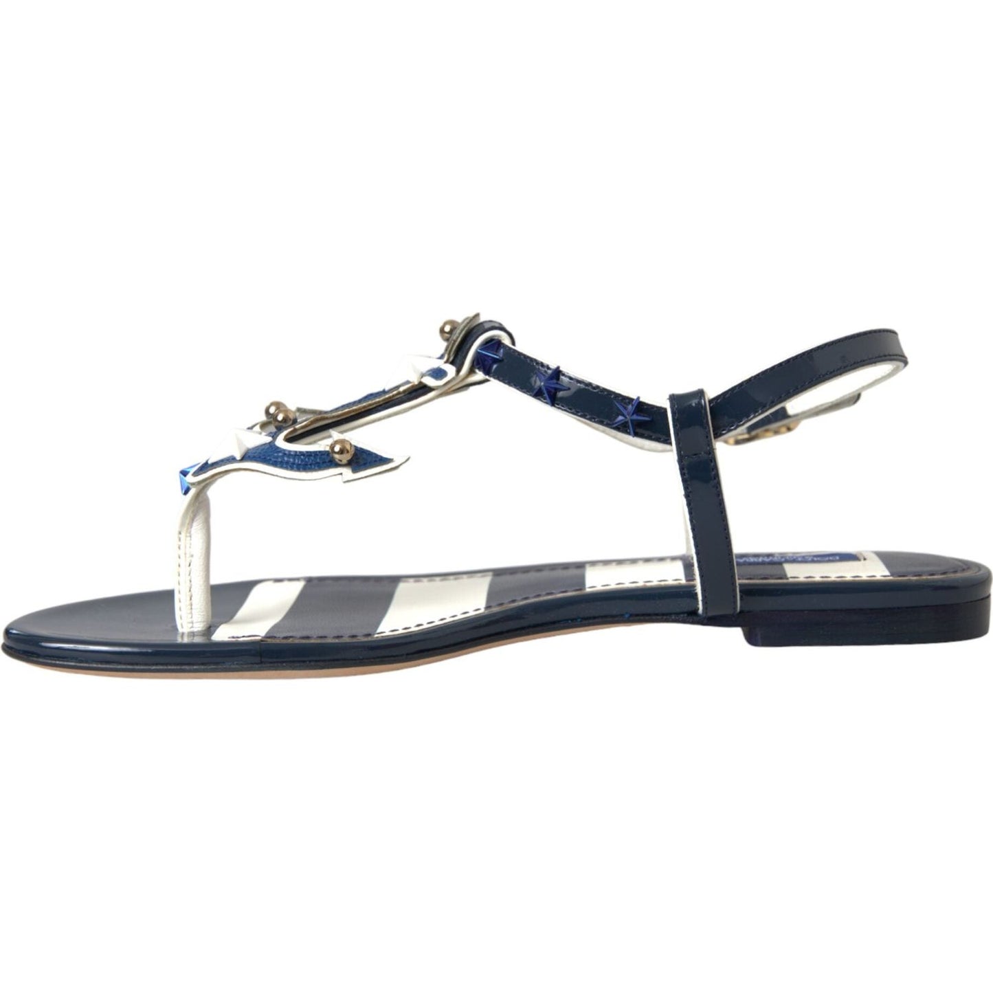 Dolce & Gabbana Blue Stripes Leather Studded Flats Sandals Shoes Dolce & Gabbana Dark Slate Gray