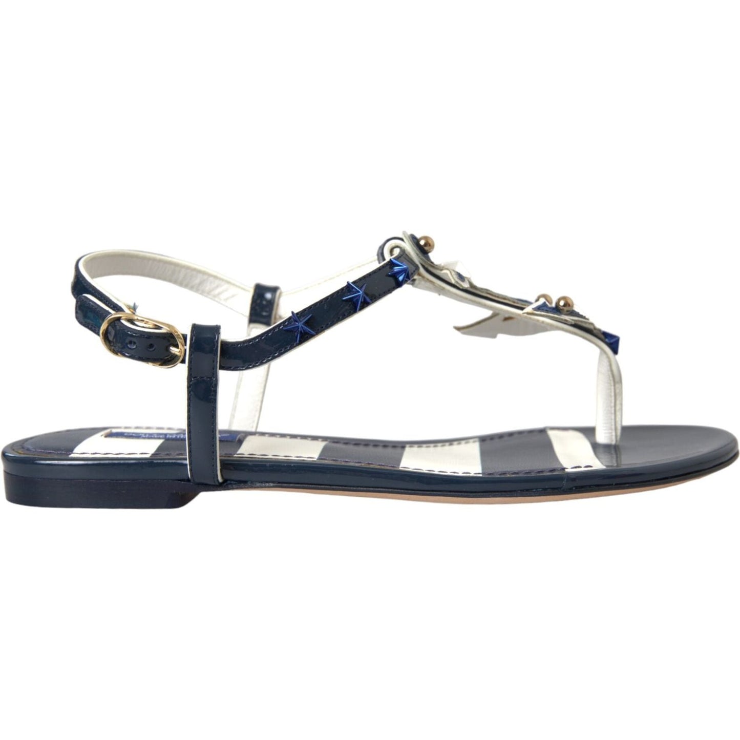 Dolce & Gabbana Blue Stripes Leather Studded Flats Sandals Shoes Dolce & Gabbana Dark Slate Gray