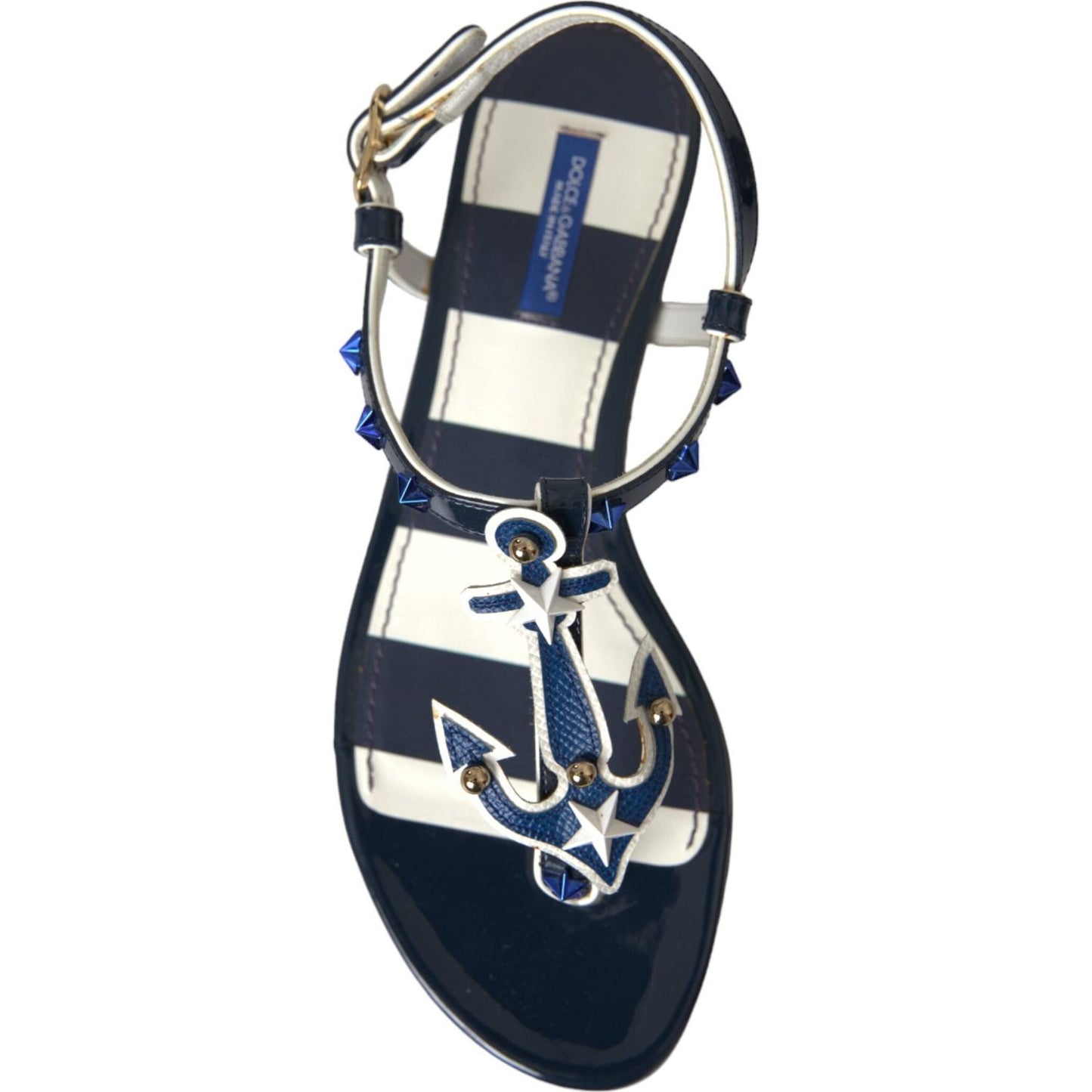 Dolce & Gabbana Blue Stripes Leather Studded Flats Sandals Shoes Dolce & Gabbana Light Gray