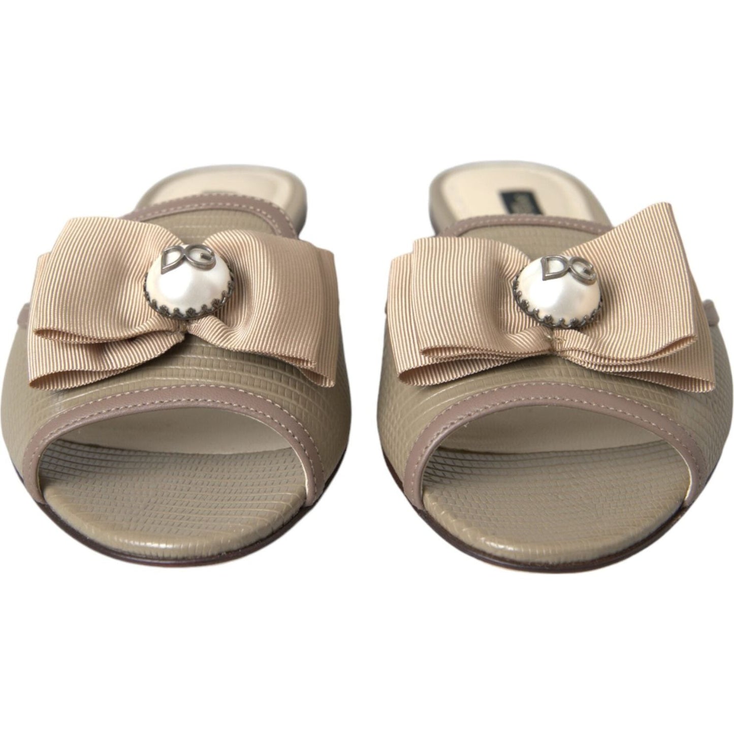 Dolce & Gabbana Beige Logo Pearl Flats Sandals Slides Shoes Dolce & Gabbana Slate Gray