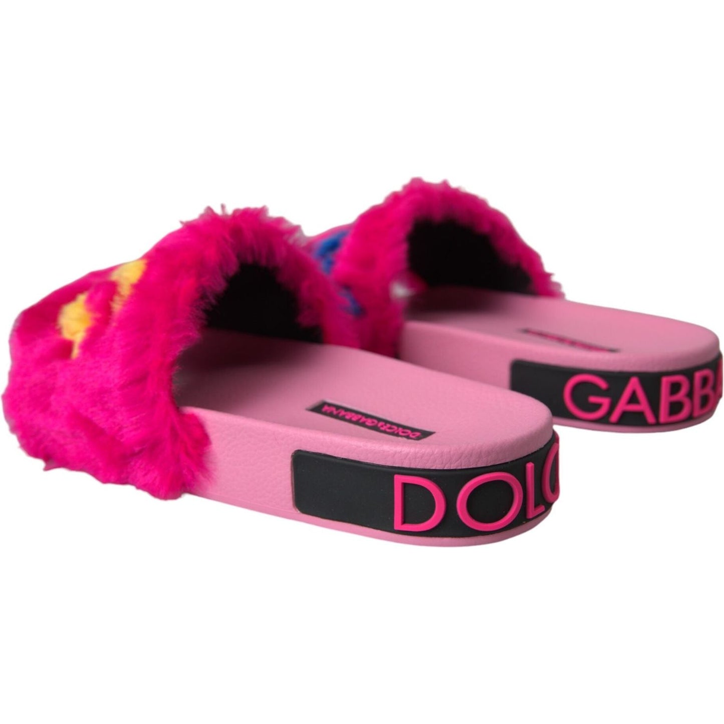 Dolce & Gabbana Multicolor Embroidered Fur Slides Sandals Shoes Dolce & Gabbana Violet Red