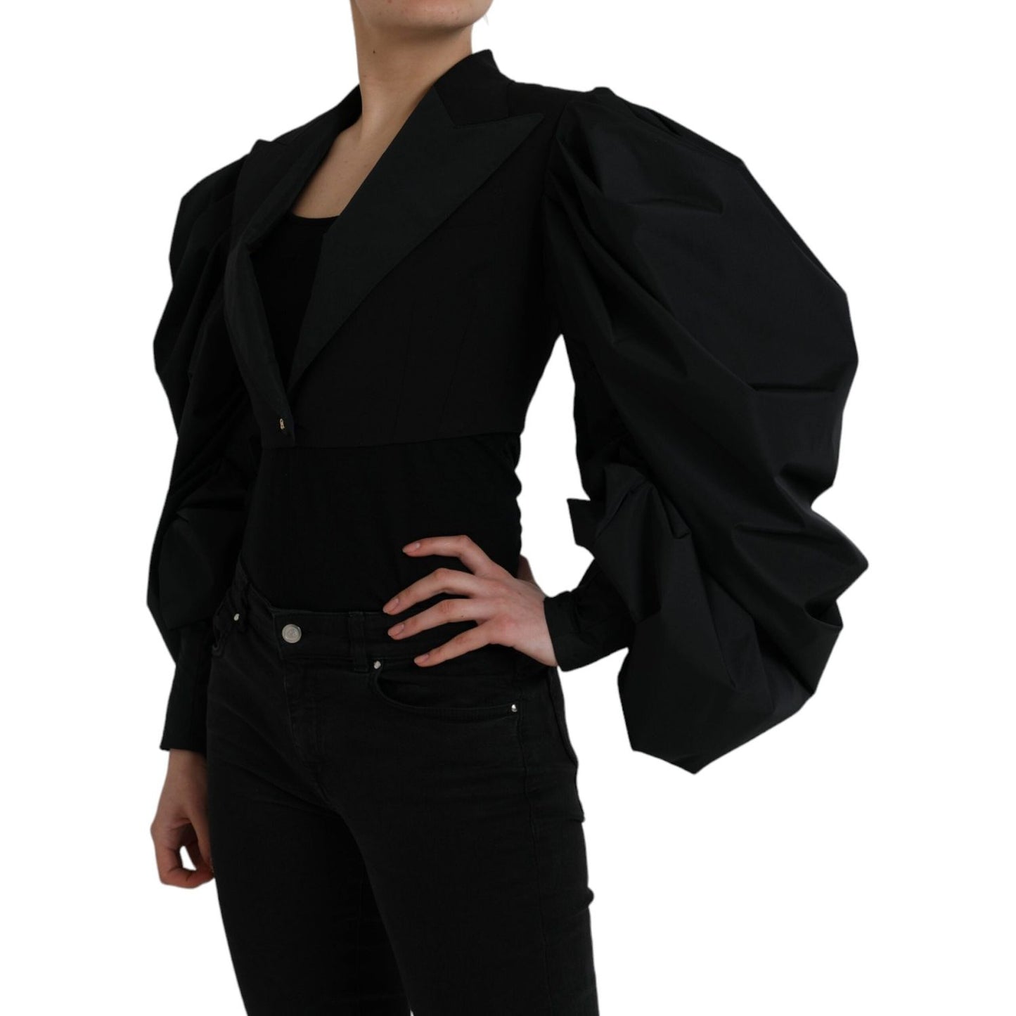 Dolce & Gabbana Black Polyester Puffed Sleeves Cropped Jacket Dolce & Gabbana Black