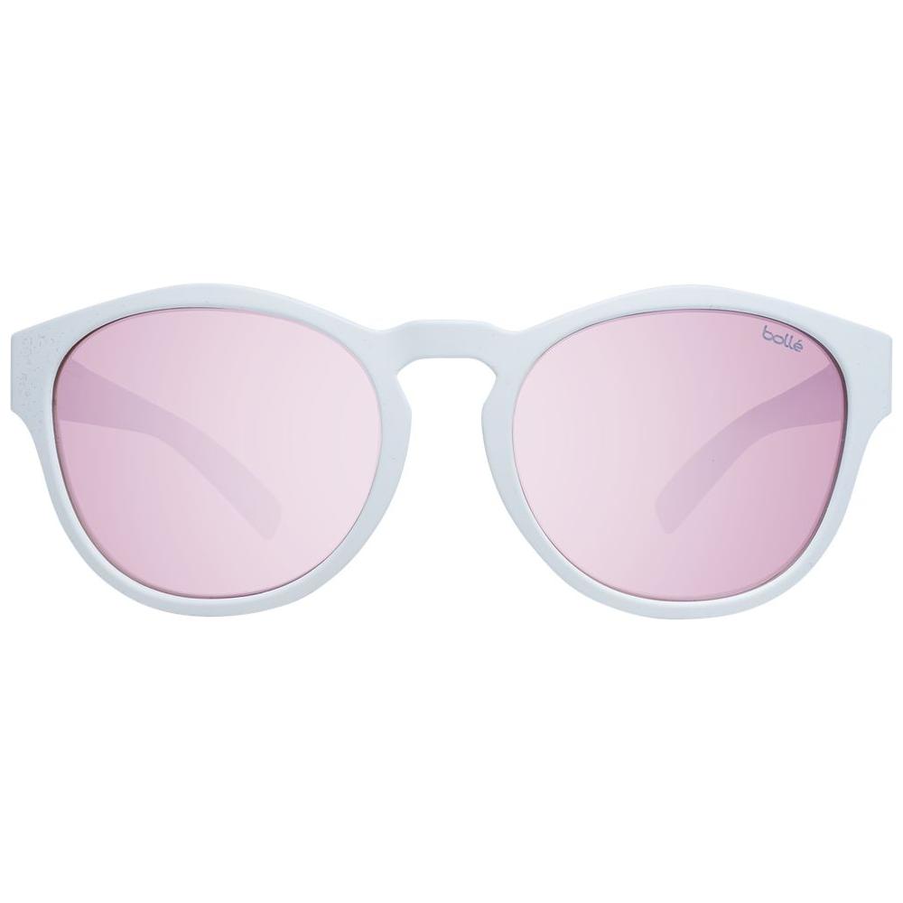 Bolle white unisex sunglasses with pink mirrored lenses, round plastic frame, full-rim style, and UVA/UVB protection.