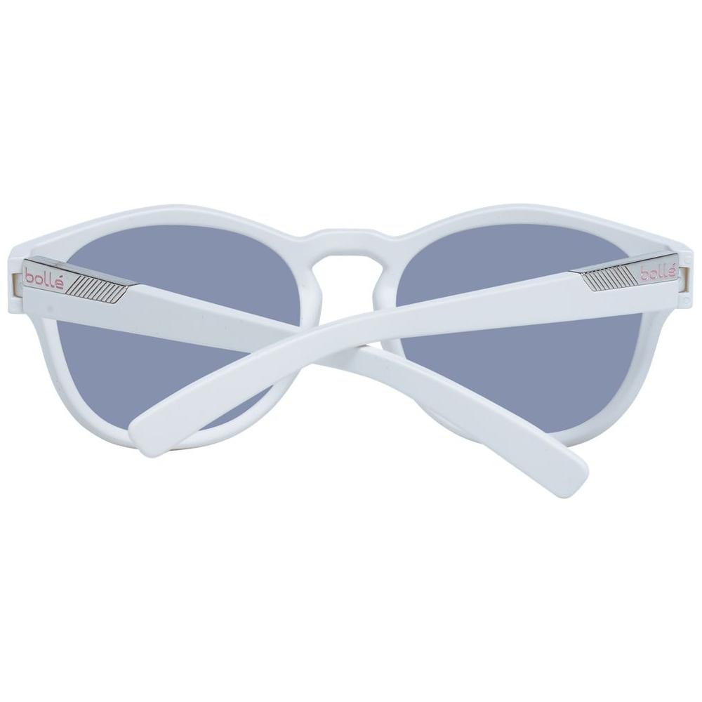 Bolle white unisex round sunglasses with blue mirrored gradient lenses, full-rim plastic frame. Offers 100% UVA & UVB protection.