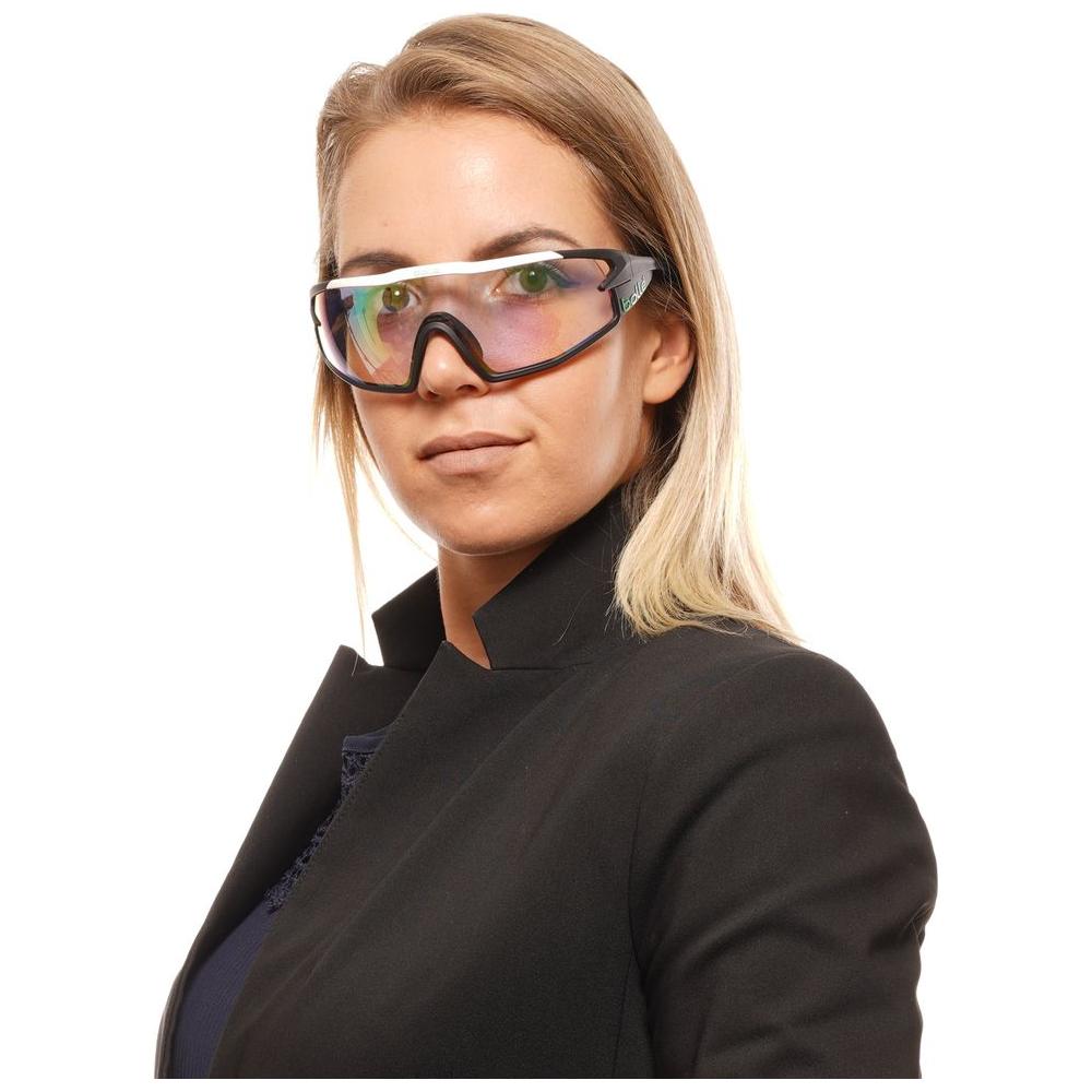 Unisex wearing Bolle black sunglasses with multicolor frame, photochromatic mirrored lenses, offering full UVA/UVB protection.
