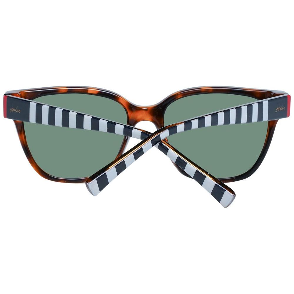 Joules brown trapezium women's sunglasses with grey lenses, full-rim cellulose propionate frame, black and white stripe temples, 100% UVA & UVB protection.