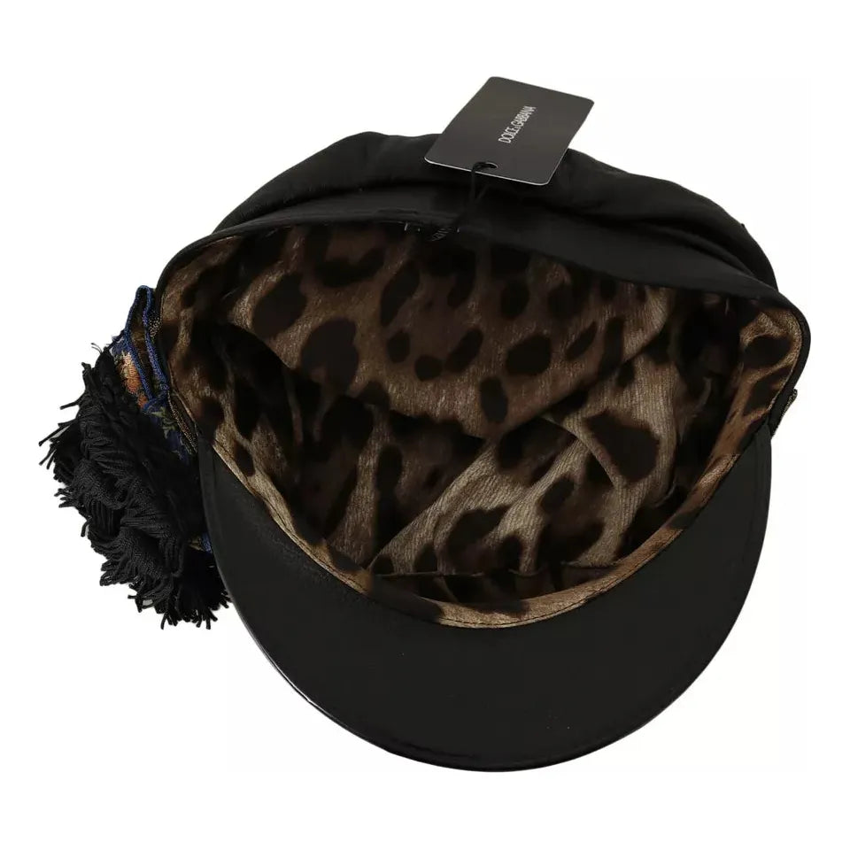 Dolce & Gabbana Black Leather Crystal Beads Gold Ribbon Fiddler Cap Dolce & Gabbana Black