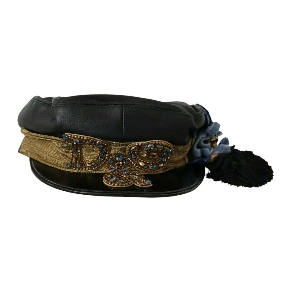 Dolce & Gabbana Black Leather Crystal Beads Gold Ribbon Fiddler Cap Dolce & Gabbana Black