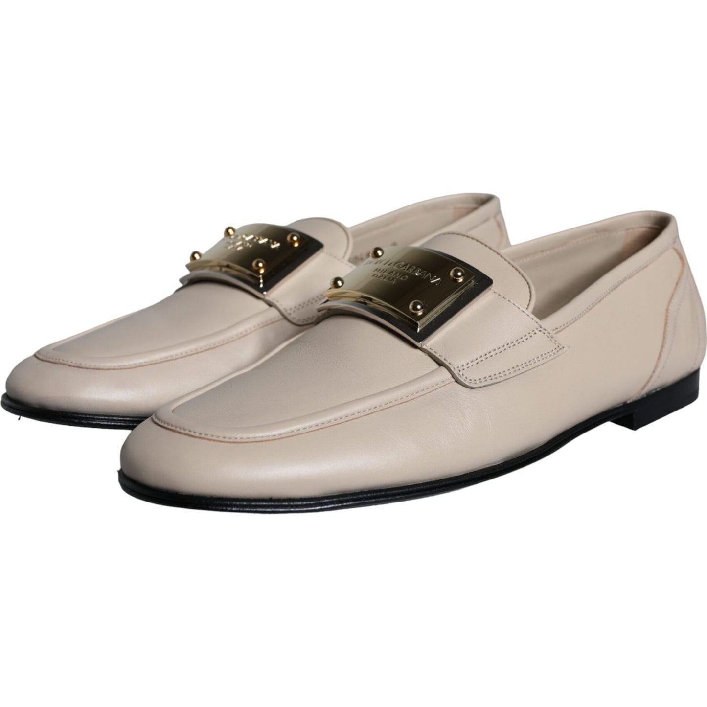Dolce & Gabbana Beige Leather Logo Plaque Slip On Men Loafers Shoes Dolce & Gabbana Dark Gray