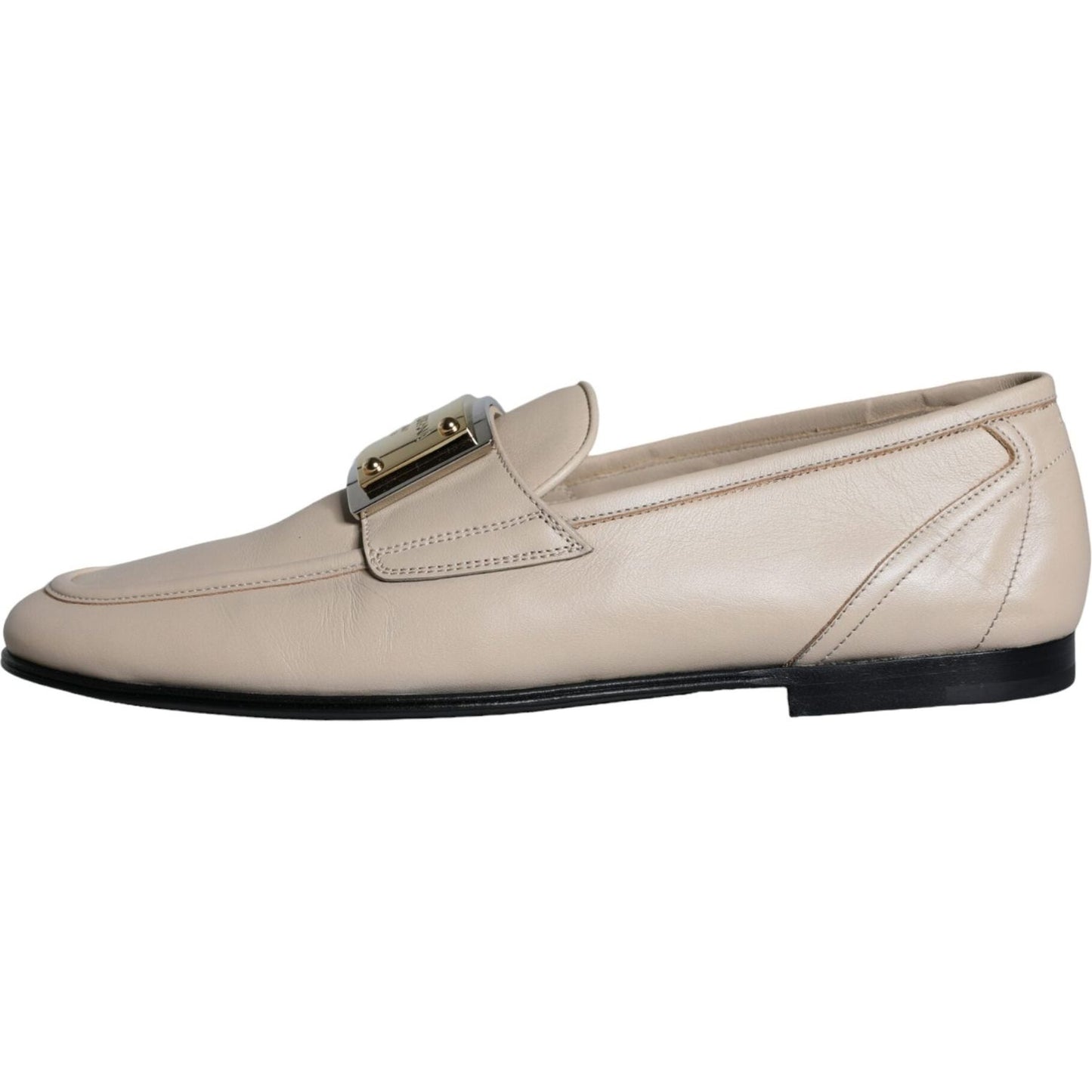 Dolce & Gabbana Beige Leather Logo Plaque Slip On Men Loafers Shoes Dolce & Gabbana Dark Gray