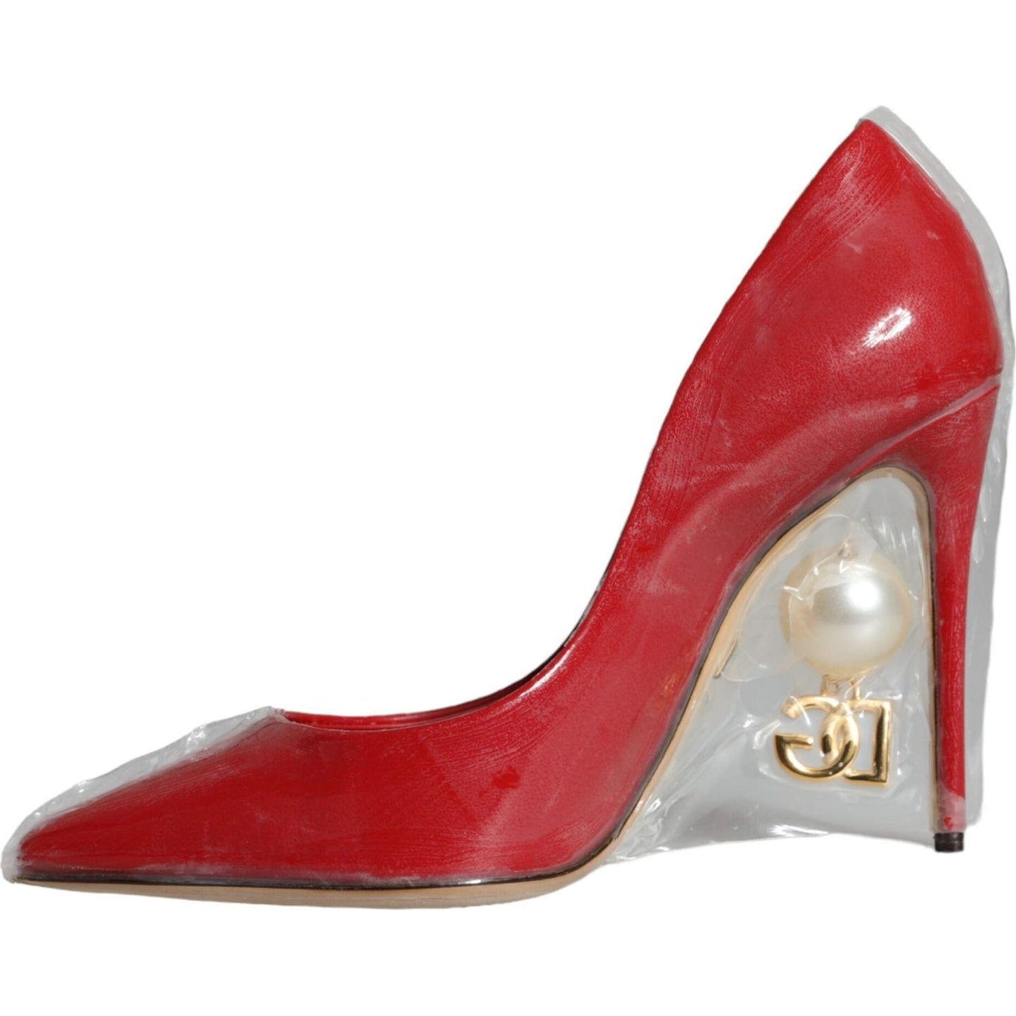 Dolce & Gabbana Red Patent Leather Faux Pearl Heels Pumps Shoes Dolce & Gabbana Brown