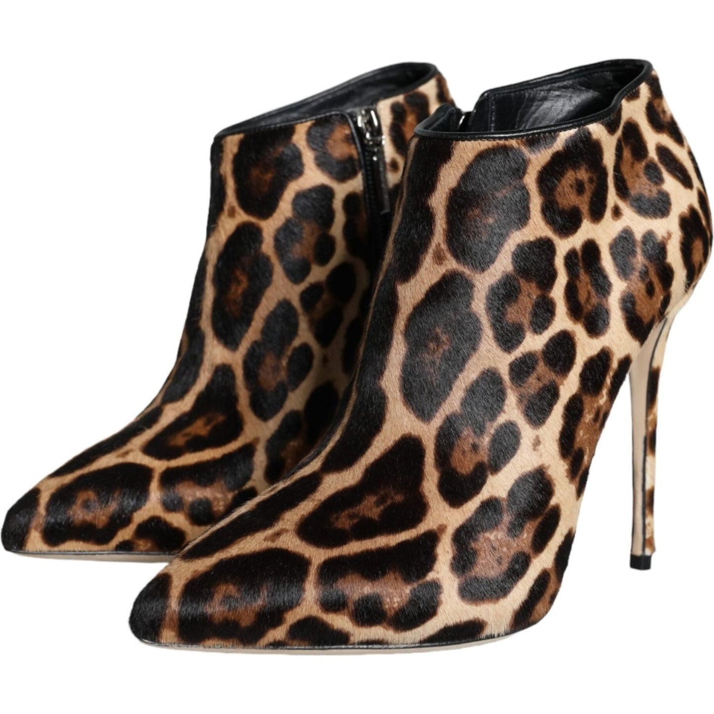 Dolce & Gabbana Brown Leopard Calf Fur Heels Ankle Boots Shoes Dolce & Gabbana Black