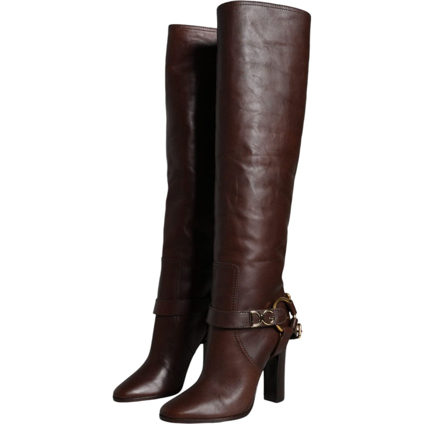 Dolce & Gabbana Brown Leather Gold Tone Logo High Boots Shoes Dolce & Gabbana Black