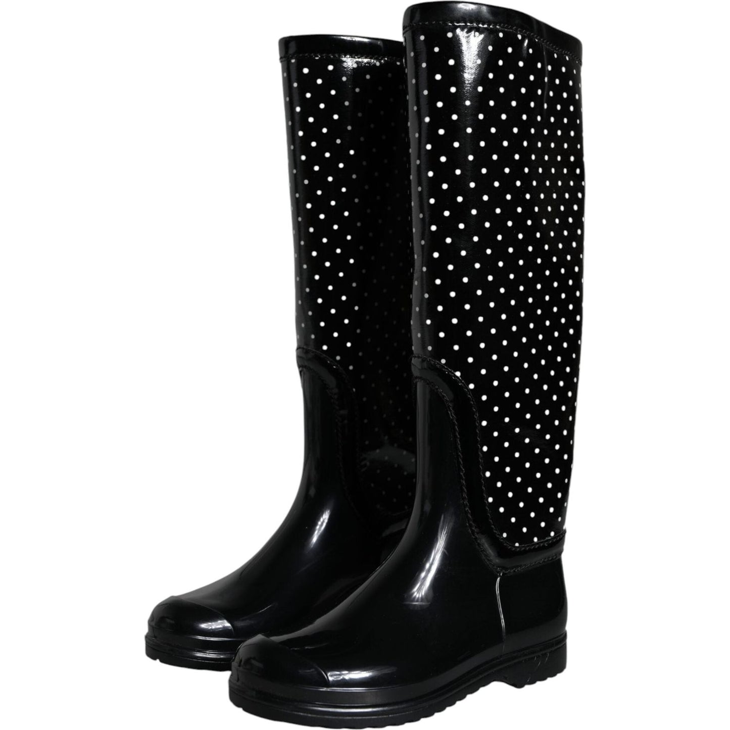 Dolce & Gabbana Black Polka Dot Rubber Knee High Boots Shoes Dolce & Gabbana Black