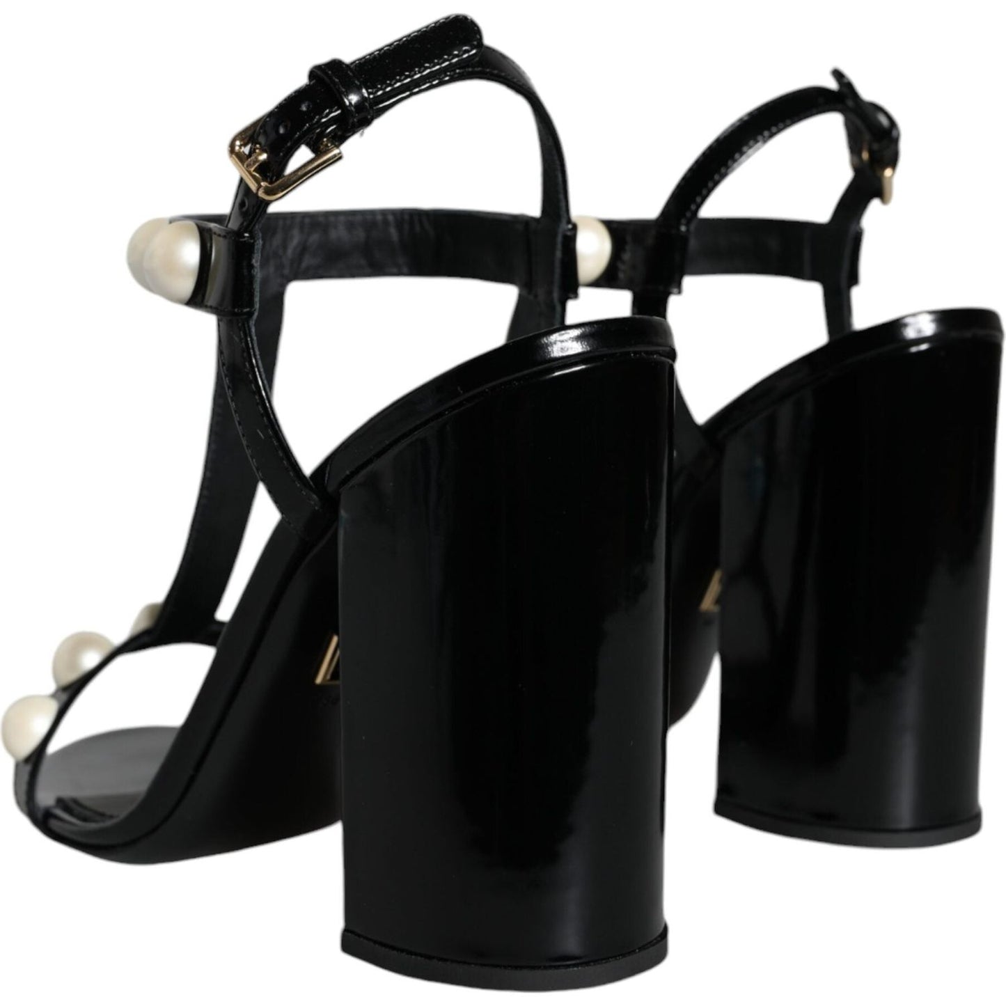 Dolce & Gabbana Black Leather Pearls T-strap Sandals Shoes Dolce & Gabbana Black