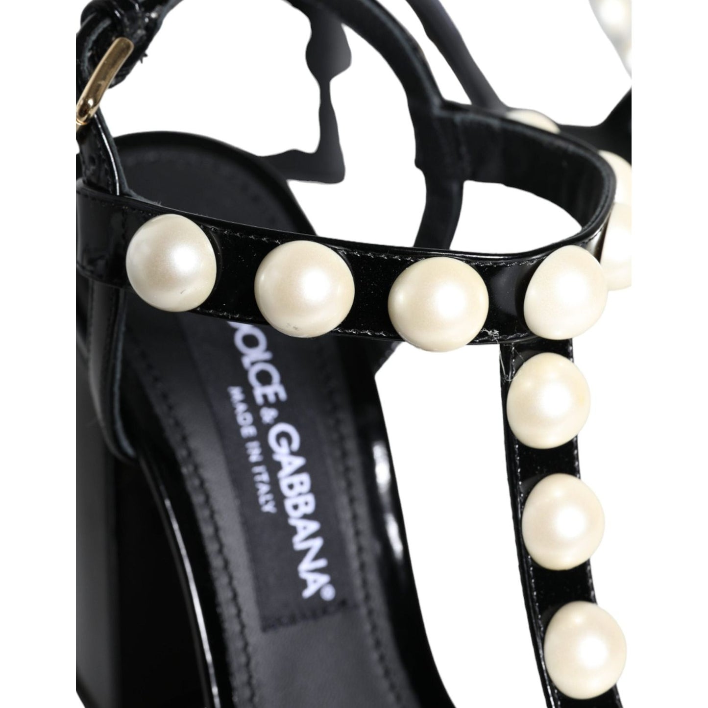 Dolce & Gabbana Black Leather Pearls T-strap Sandals Shoes Dolce & Gabbana Light Gray