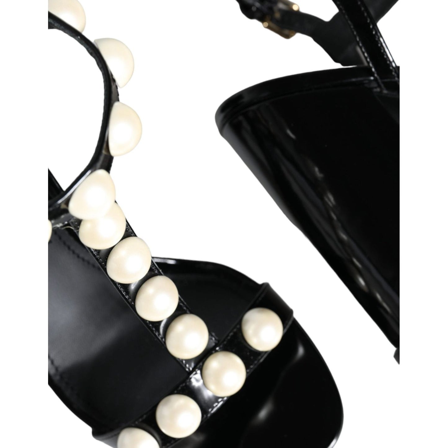 Dolce & Gabbana Black Leather Pearls T-strap Sandals Shoes Dolce & Gabbana Antique White