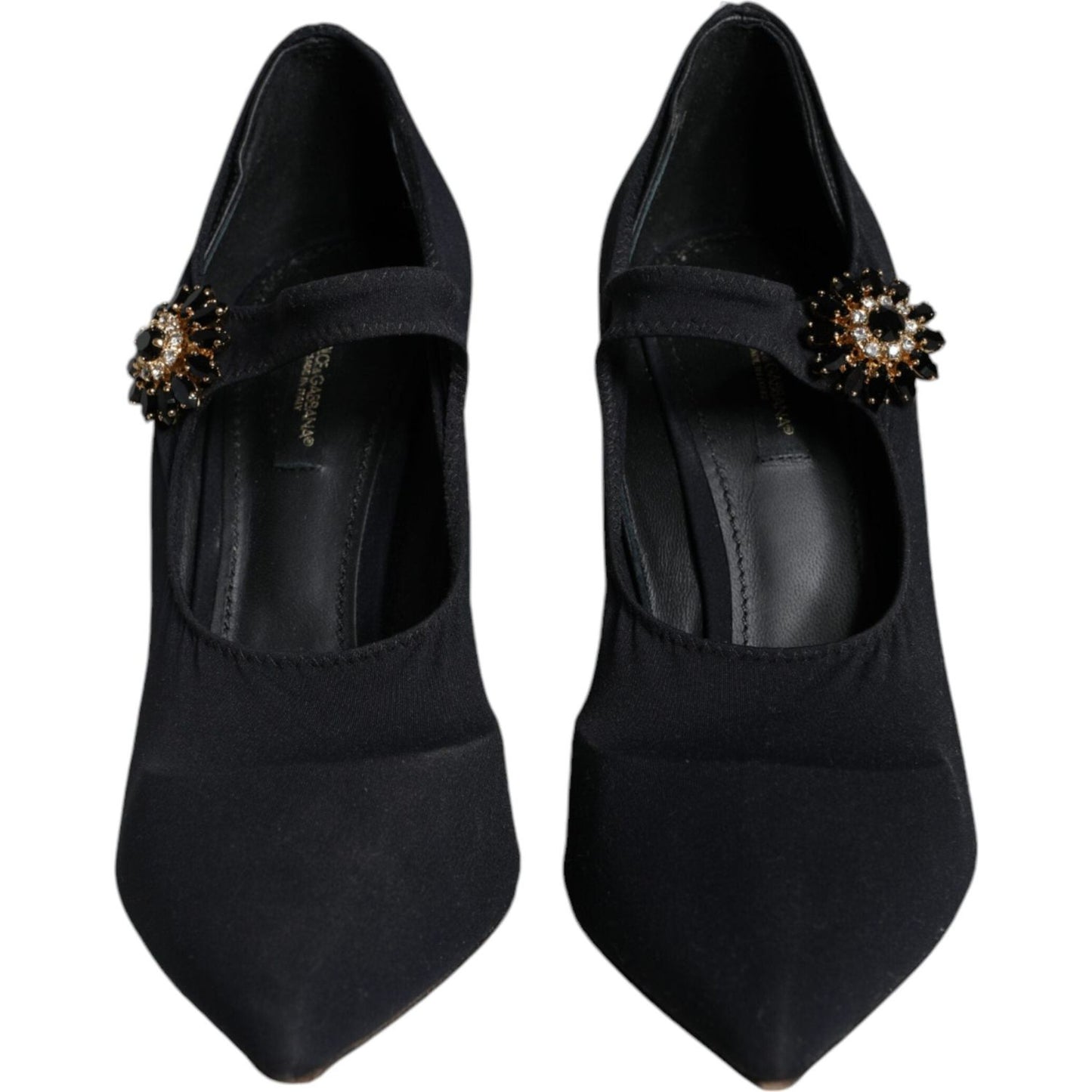 Dolce & Gabbana Black Mary Jane Jersey Crystal Pumps with logo detail, leather sole, authentic Italian design, minor wear visible