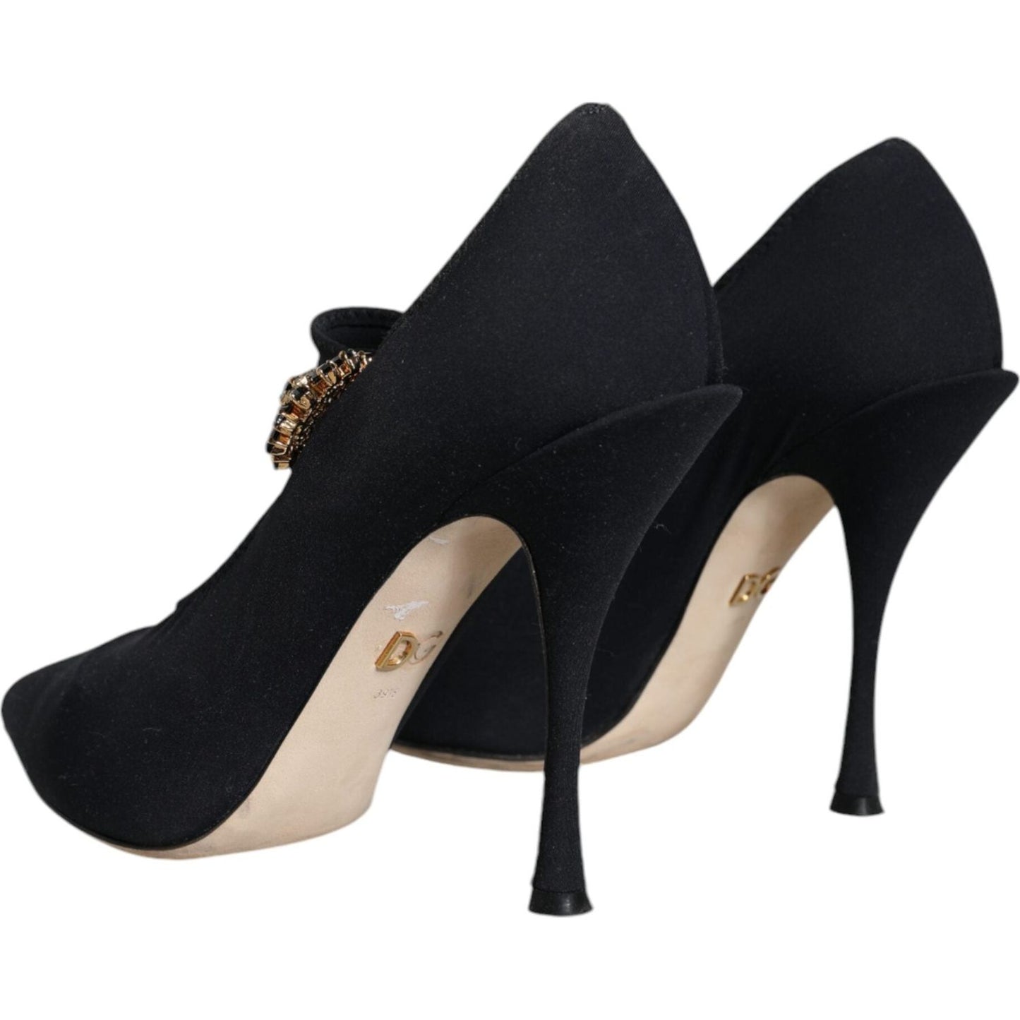 Dolce & Gabbana black Mary Jane crystal pumps, nylon-elastane blend with leather sole, preowned in Italy, back view of heel detail