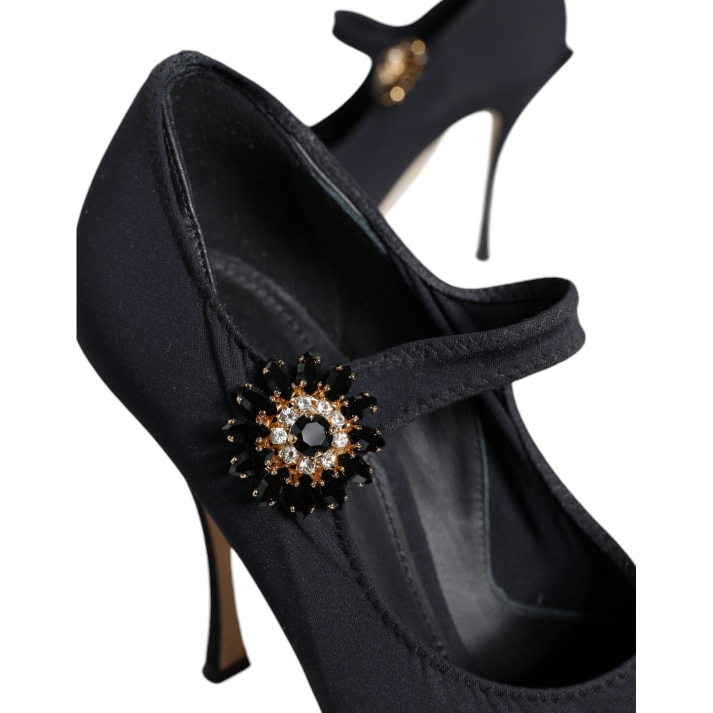 Dolce & Gabbana Black Mary Jane Jersey Crystal Pumps with crystal embellishments and leather soles, preowned luxury shoes.