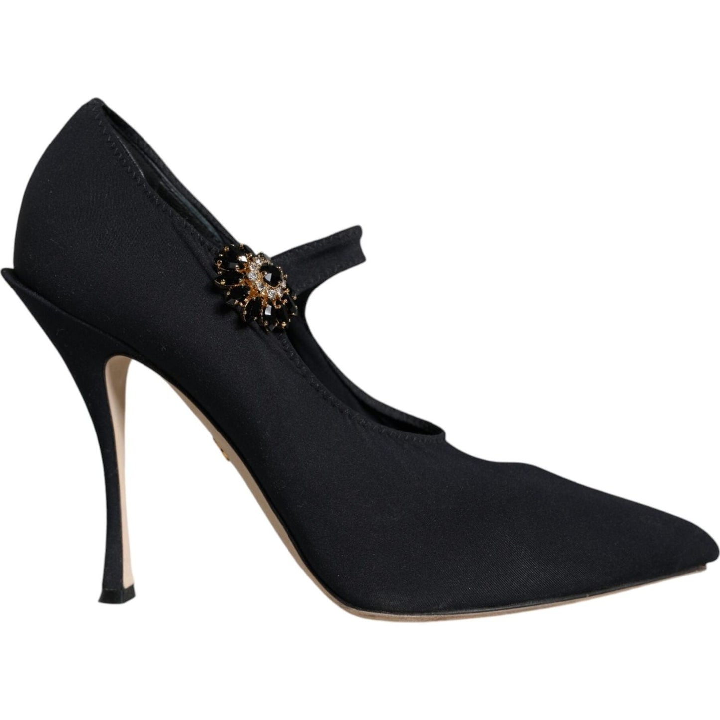 Dolce & Gabbana black Mary Jane Jersey Crystal Pumps with high heels, nylon-elastane material, logo details, preowned tagged, made in Italy.