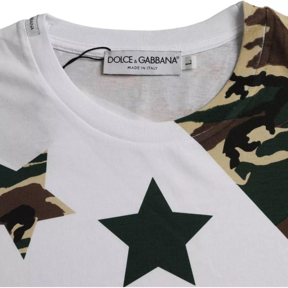 Dolce & Gabbana white crew neck t-shirt with camouflage stars print, made in Italy, 100% cotton, short sleeves, regular fit.